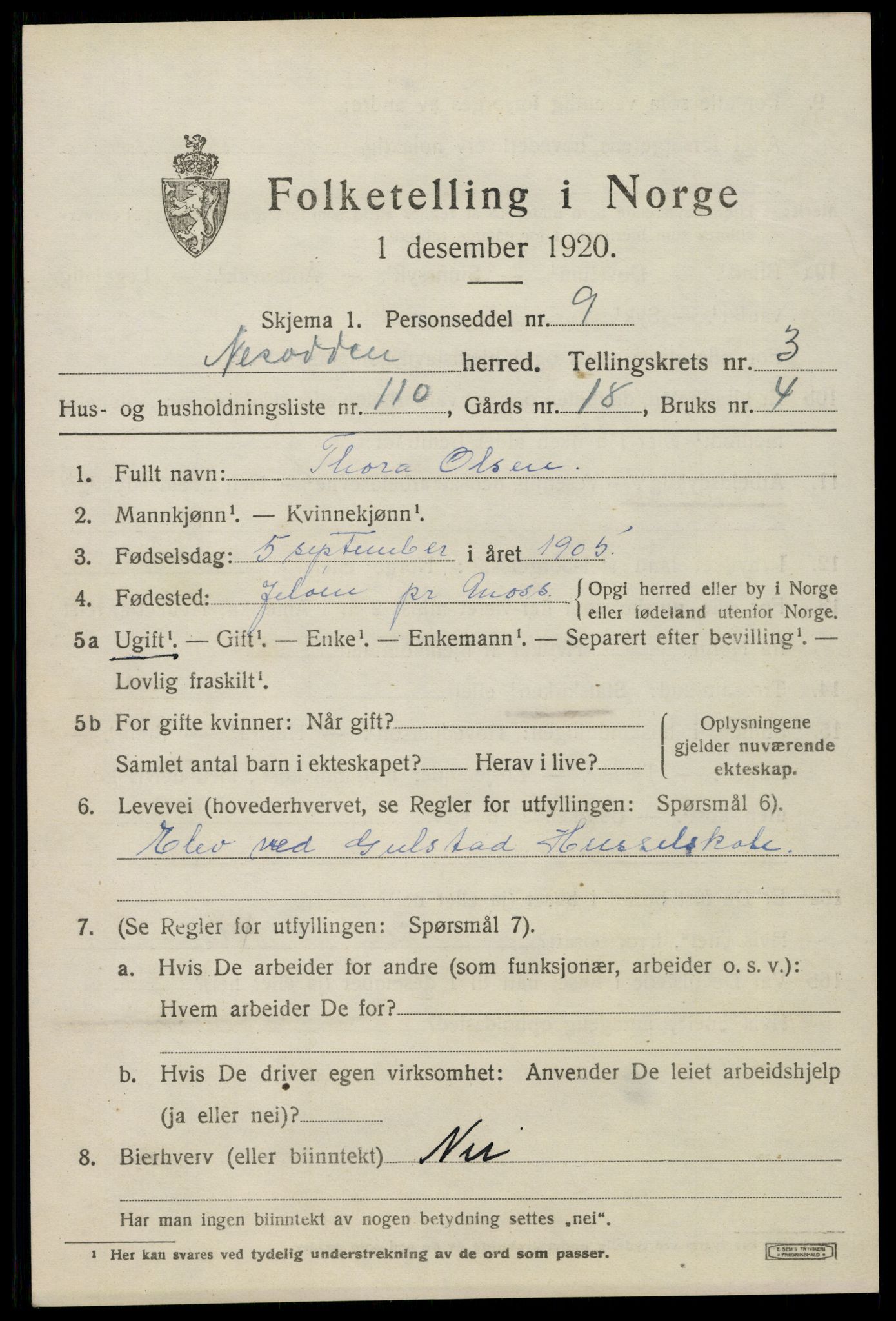 SAO, 1920 census for Nesodden, 1920, p. 3755