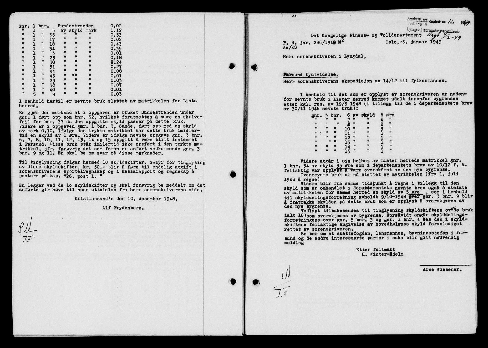 Lyngdal sorenskriveri, AV/SAK-1221-0004/G/Gb/L0663: Mortgage book no. A IX, 1948-1949, Diary no: : 86/1949