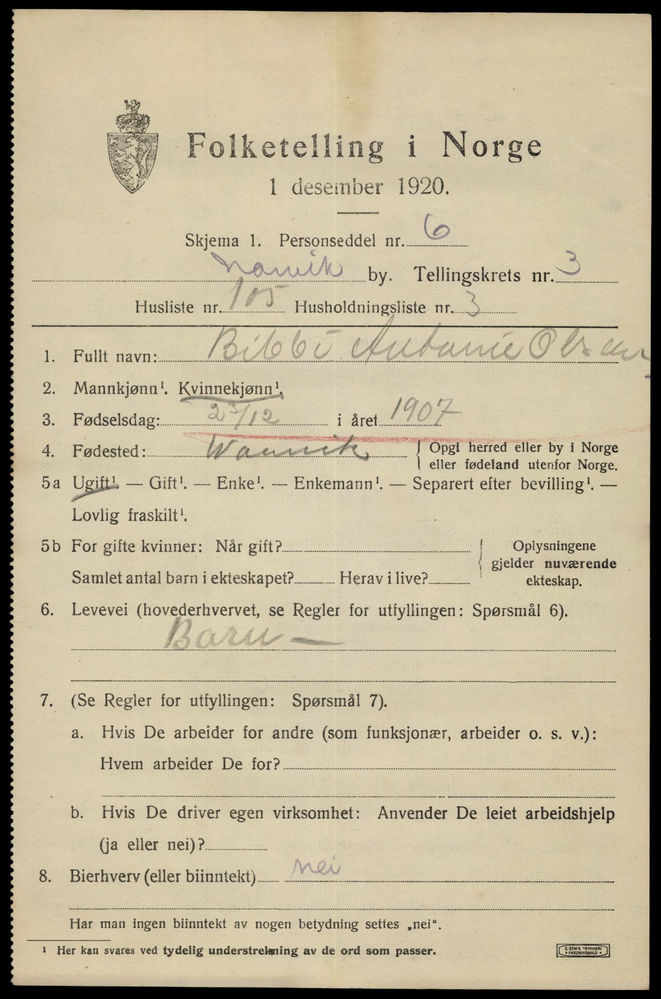 SAT, 1920 census for Narvik, 1920, p. 14256