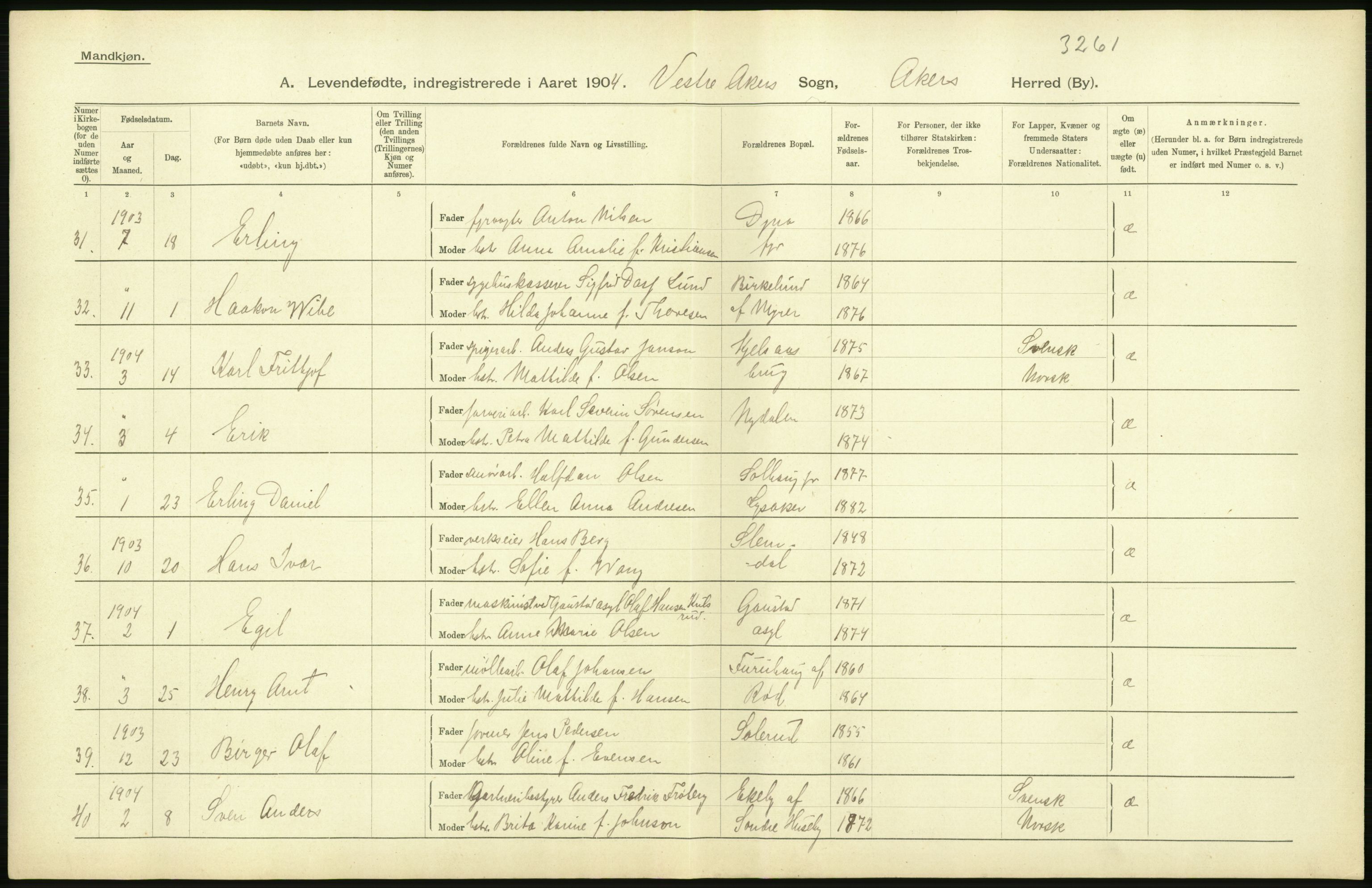 Statistisk sentralbyrå, Sosiodemografiske emner, Befolkning, AV/RA-S-2228/D/Df/Dfa/Dfab/L0002: Akershus amt: Fødte, gifte, døde, 1904, p. 422