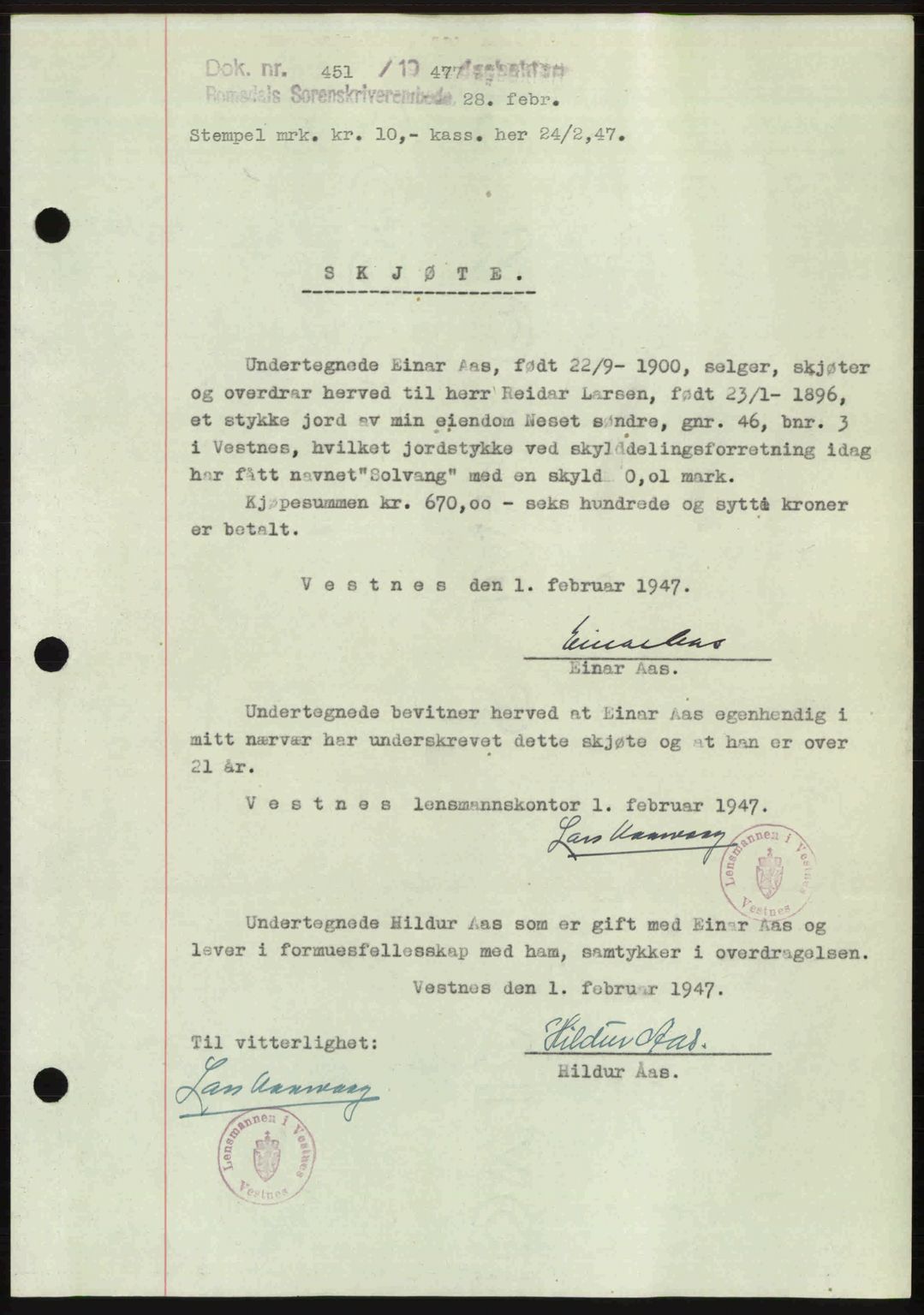 Romsdal sorenskriveri, AV/SAT-A-4149/1/2/2C: Mortgage book no. A22, 1947-1947, Diary no: : 451/1947