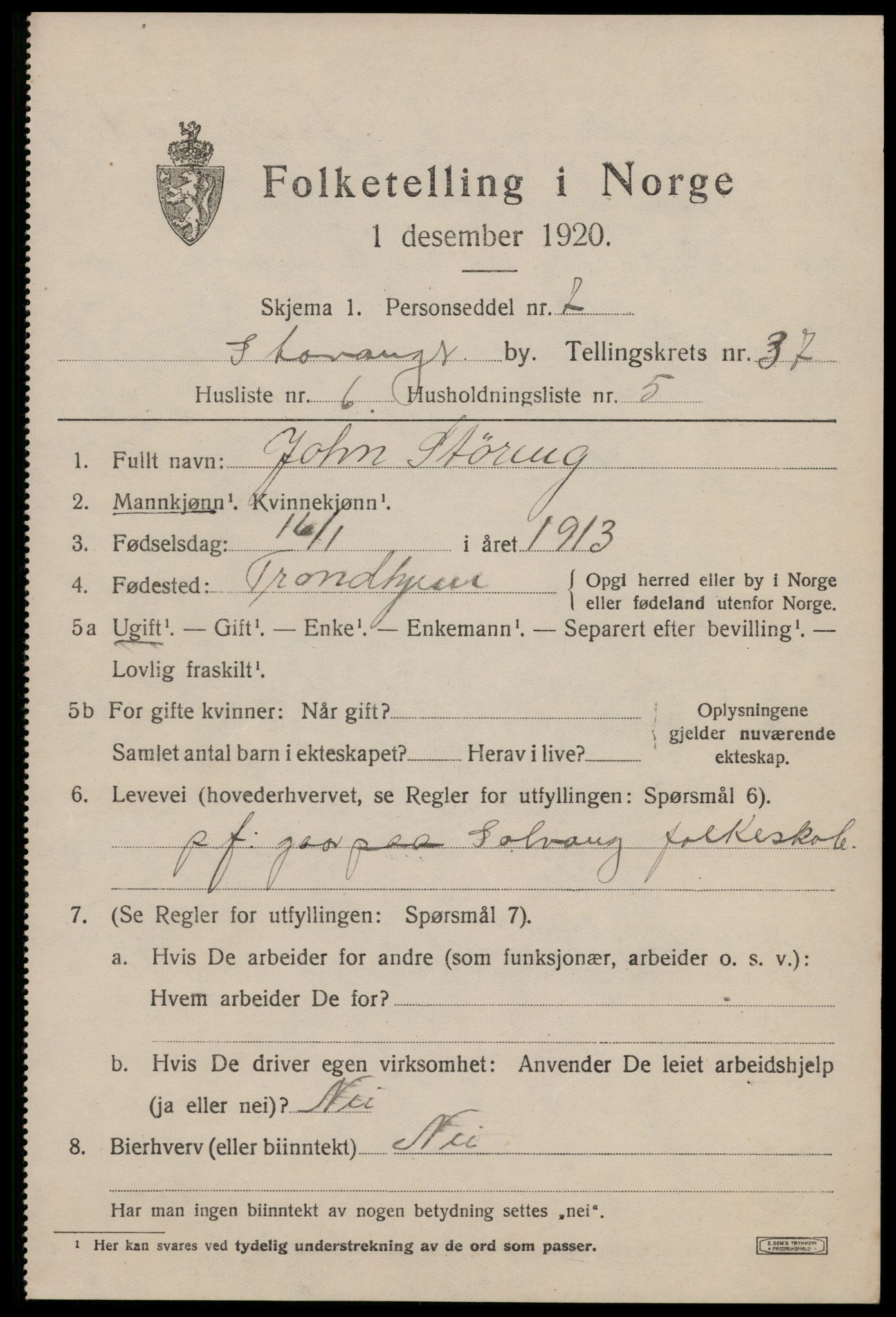 SAST, 1920 census for Stavanger, 1920, p. 97374