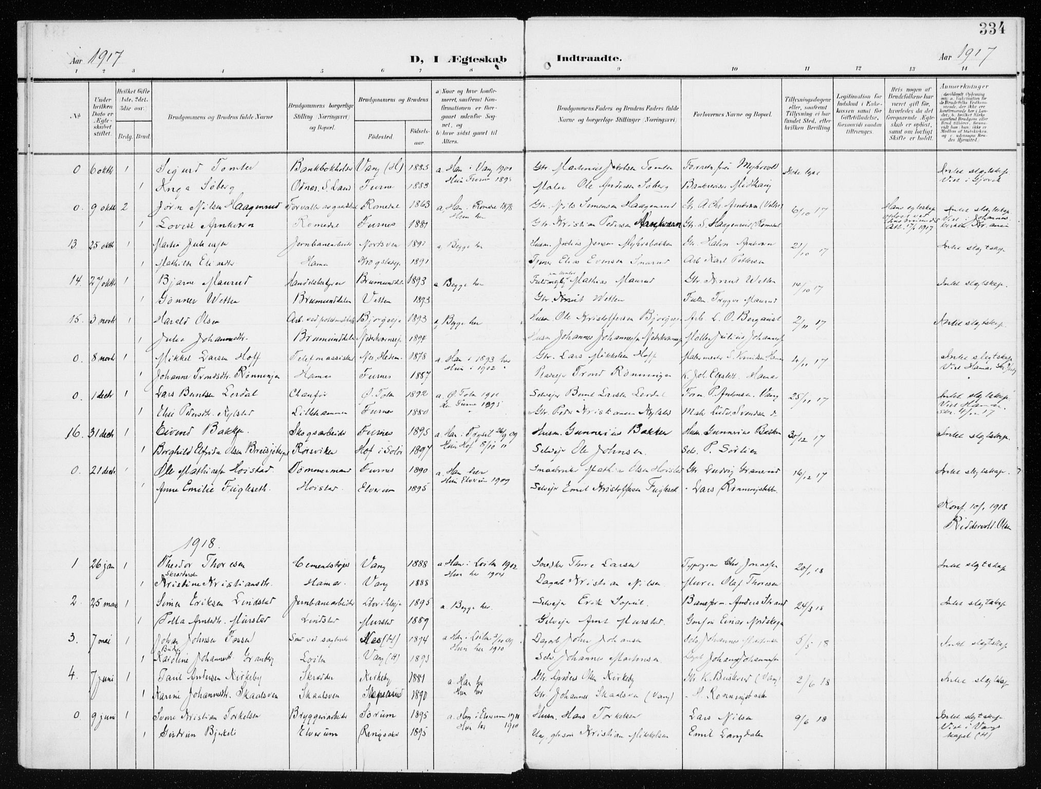 Furnes prestekontor, SAH/PREST-012/K/Ka/L0001: Parish register (official) no. 1, 1907-1935, p. 334