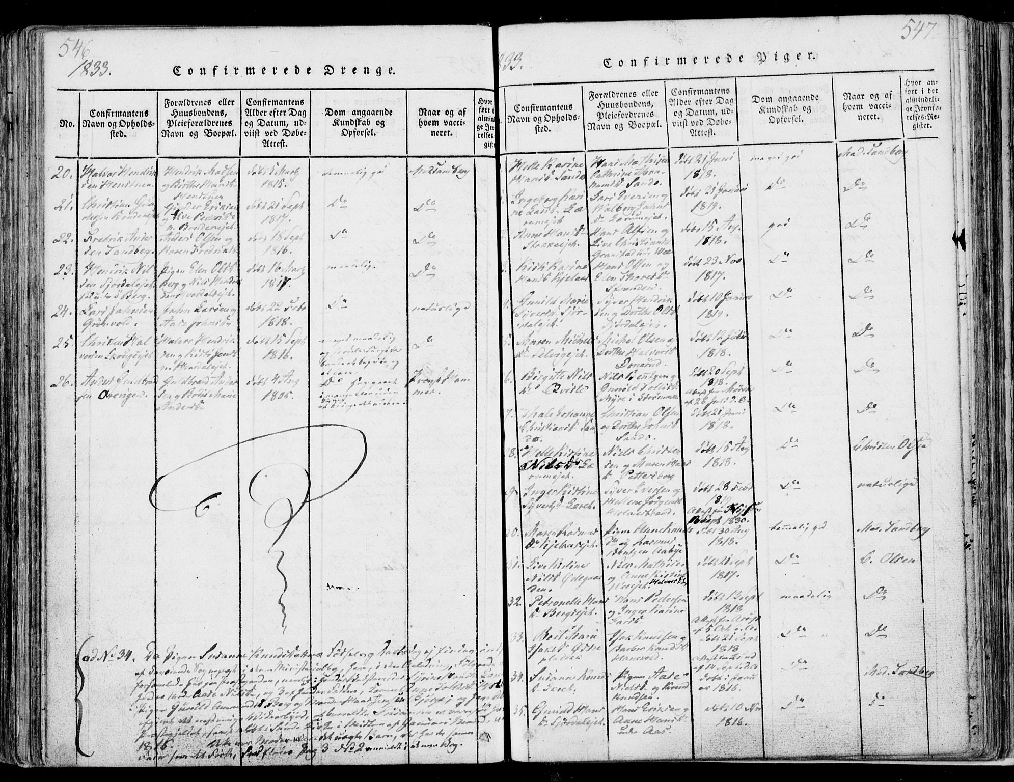 Sande Kirkebøker, AV/SAKO-A-53/F/Fa/L0003: Parish register (official) no. 3, 1814-1847, p. 546-547