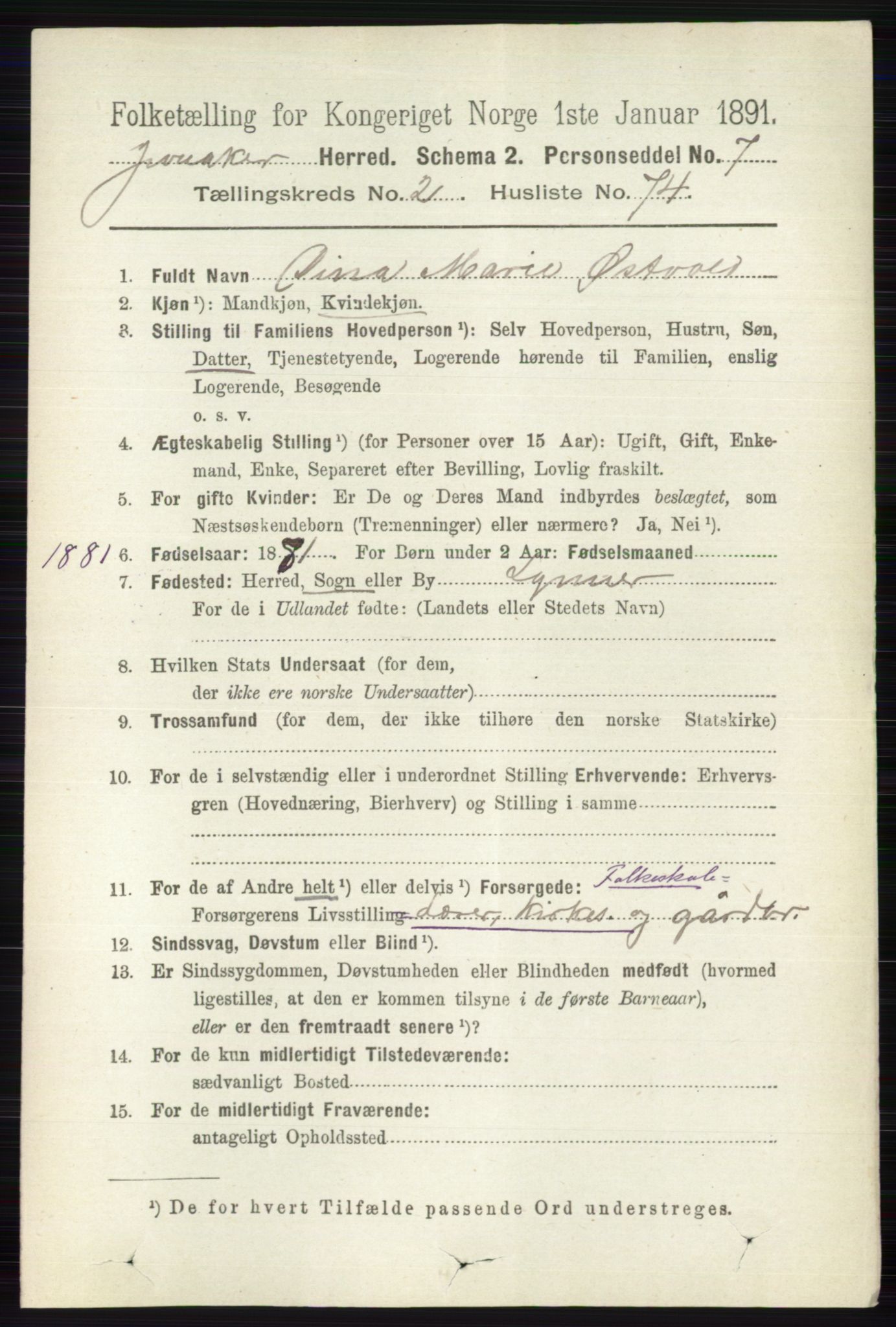 RA, 1891 census for 0532 Jevnaker, 1891, p. 1068