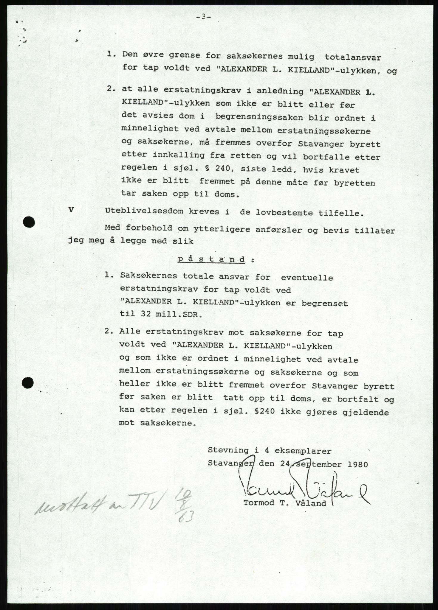 Pa 1503 - Stavanger Drilling AS, AV/SAST-A-101906/Da/L0001: Alexander L. Kielland - Begrensningssak Stavanger byrett, 1986, p. 584