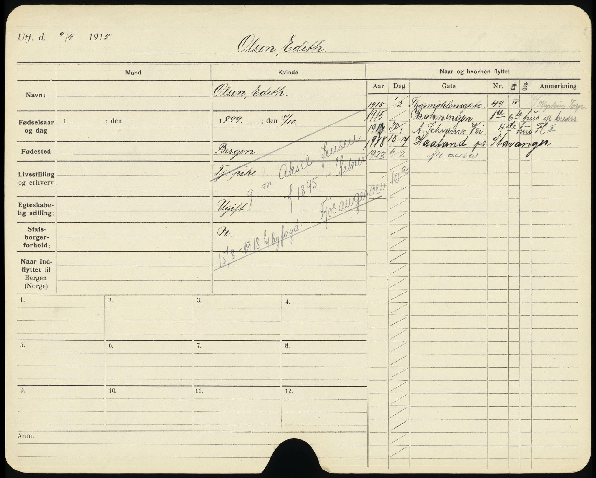 Bergen folkeregister, AV/SAB-A-17201/K/Ka/L0008: Gifte kvinner 1912 - 1919, Olsen, D. - Røsvold, 1912-1919