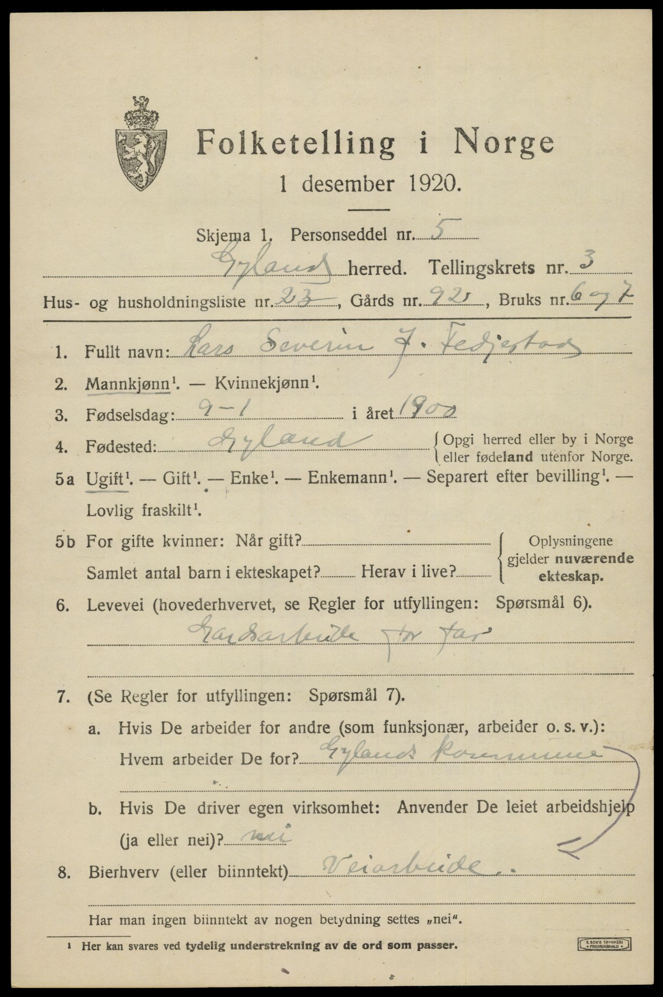 SAK, 1920 census for Gyland, 1920, p. 1034