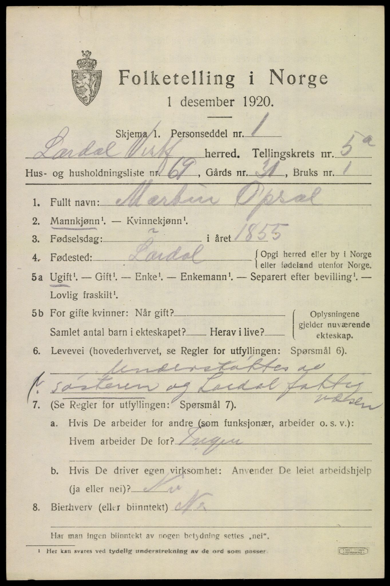 SAKO, 1920 census for Lardal, 1920, p. 5227