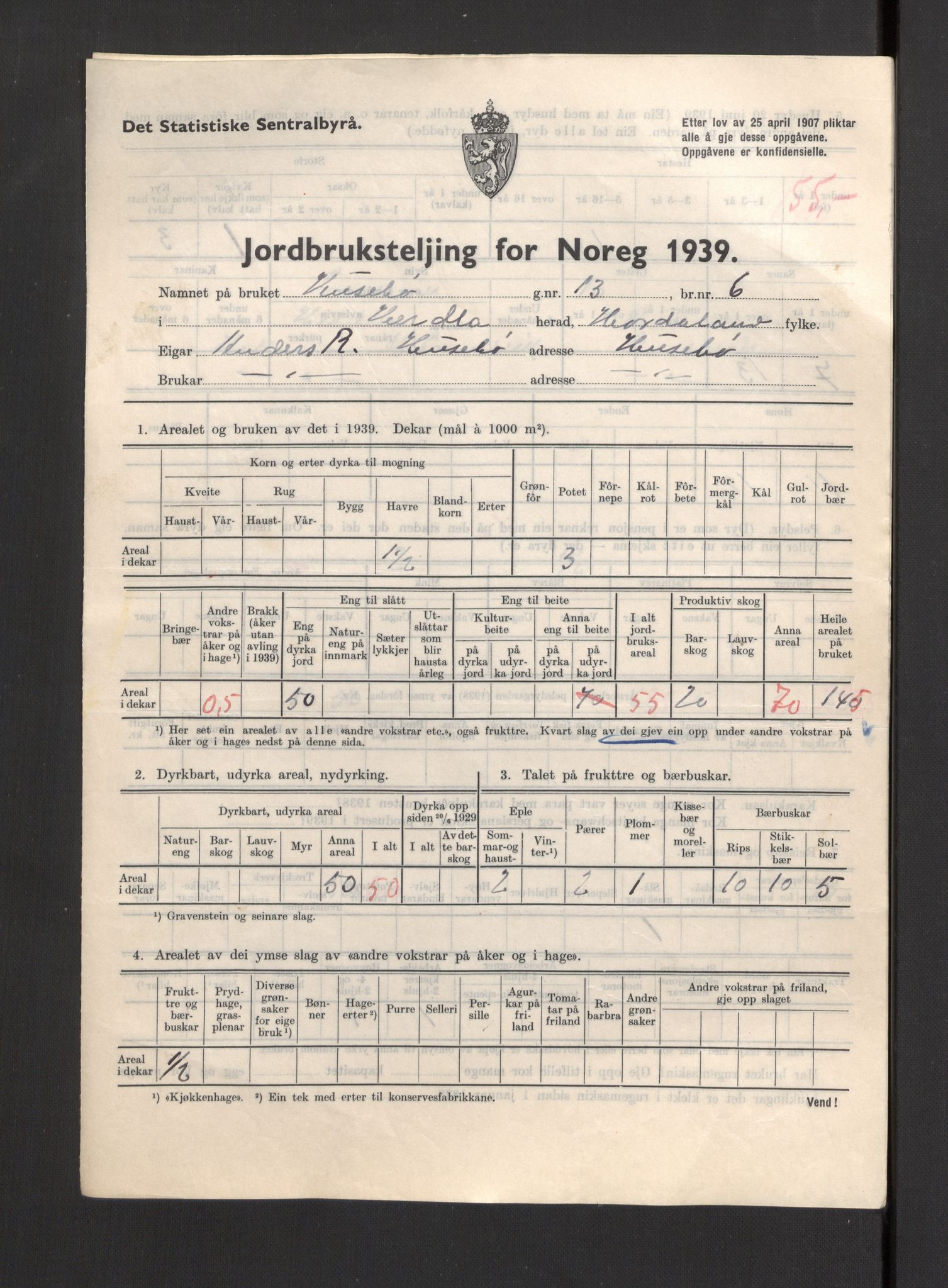 Statistisk sentralbyrå, Næringsøkonomiske emner, Jordbruk, skogbruk, jakt, fiske og fangst, AV/RA-S-2234/G/Gb/L0211: Hordaland: Herdla, Hjelme og Manger, 1939, p. 1123