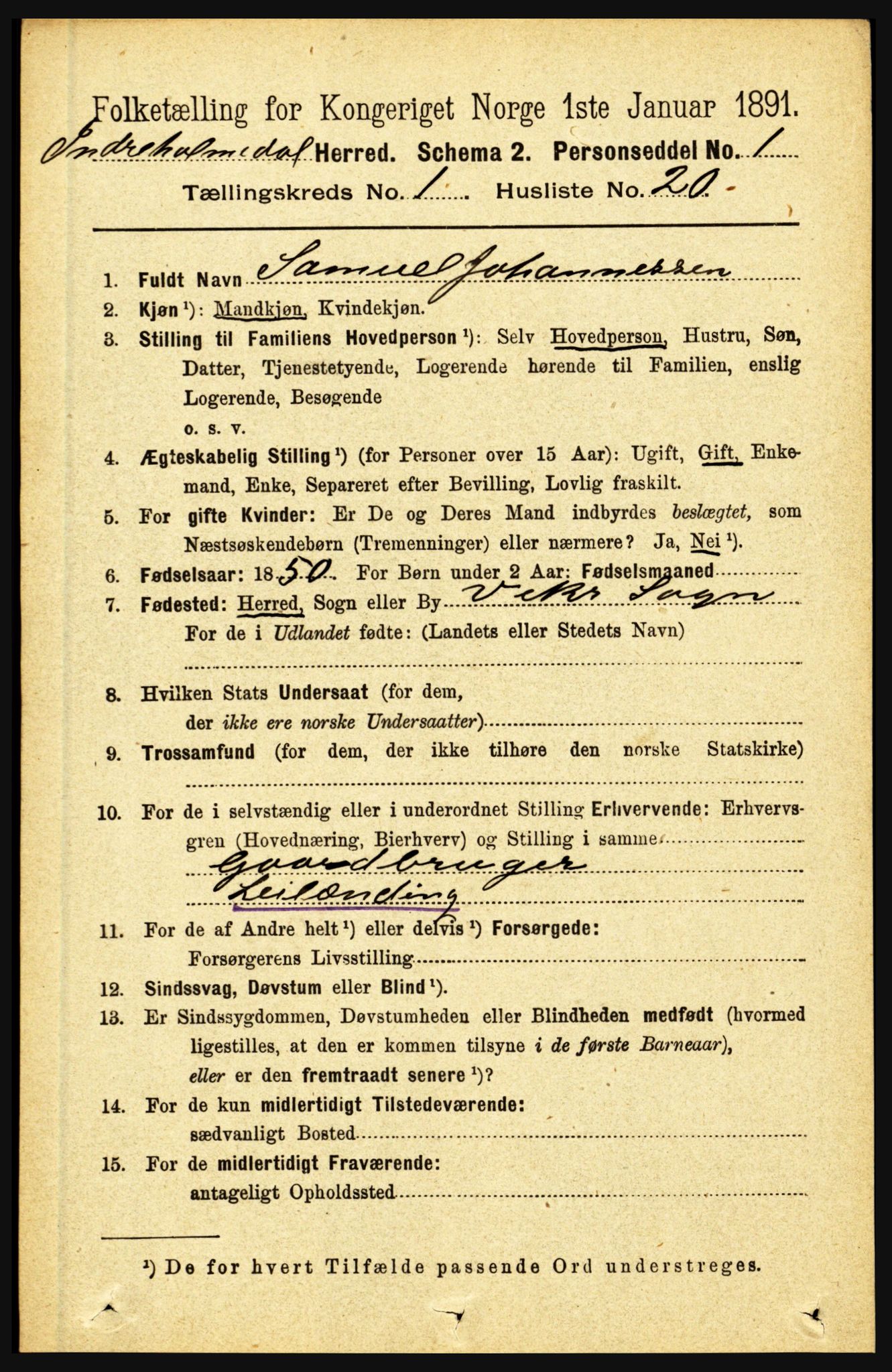 RA, 1891 census for 1430 Indre Holmedal, 1891, p. 207