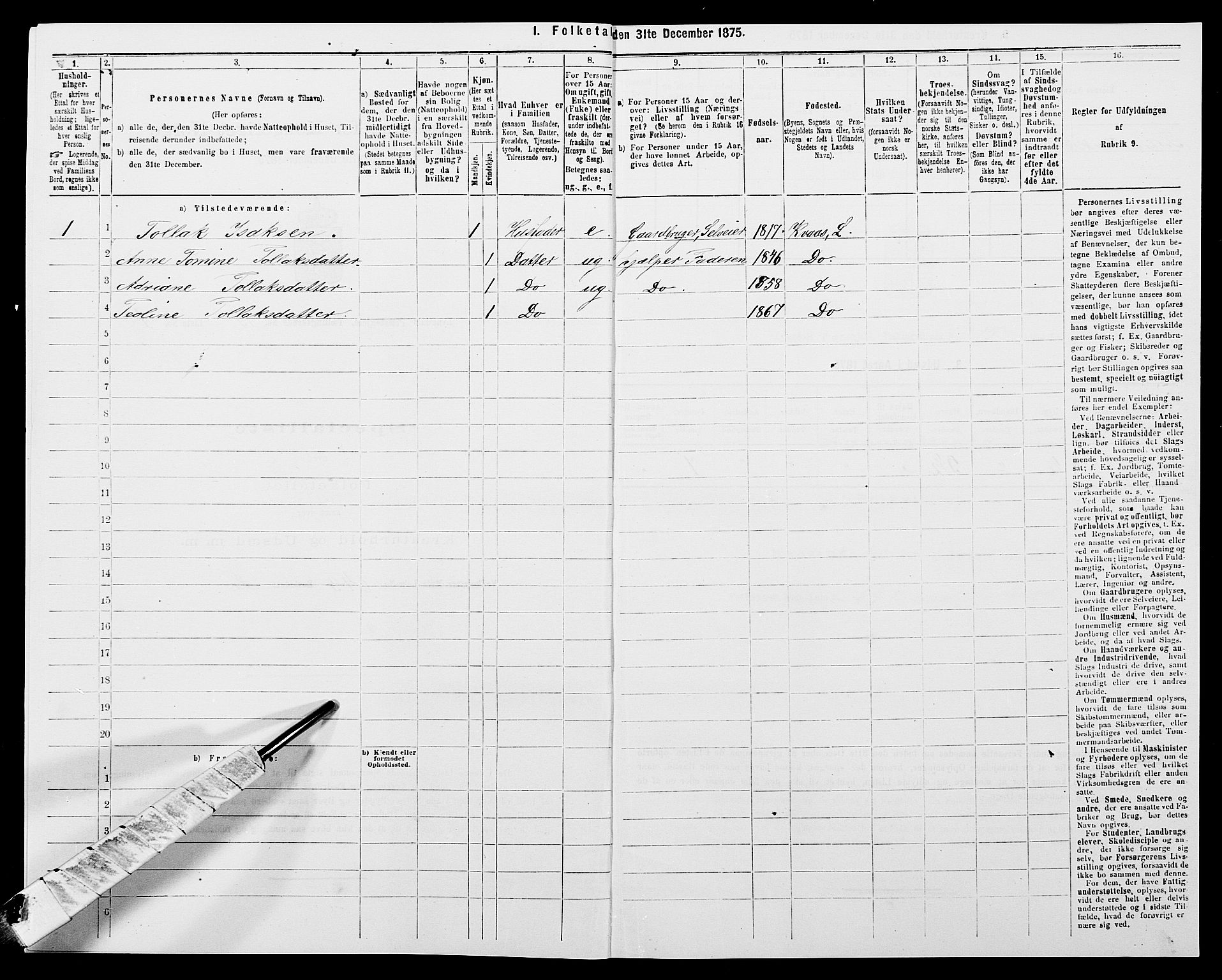 SAK, 1875 census for 1032P Lyngdal, 1875, p. 2106