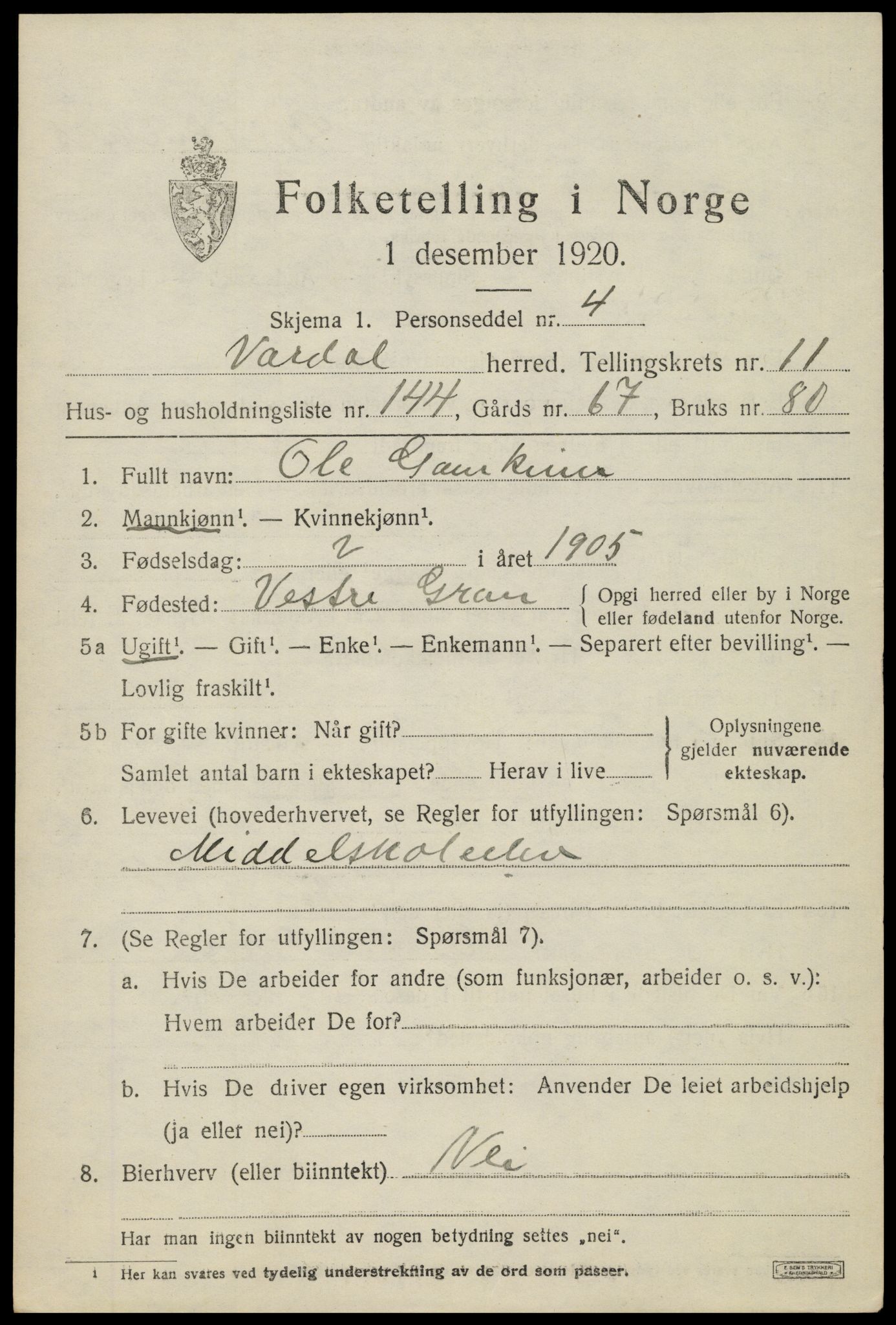 SAH, 1920 census for Vardal, 1920, p. 13133