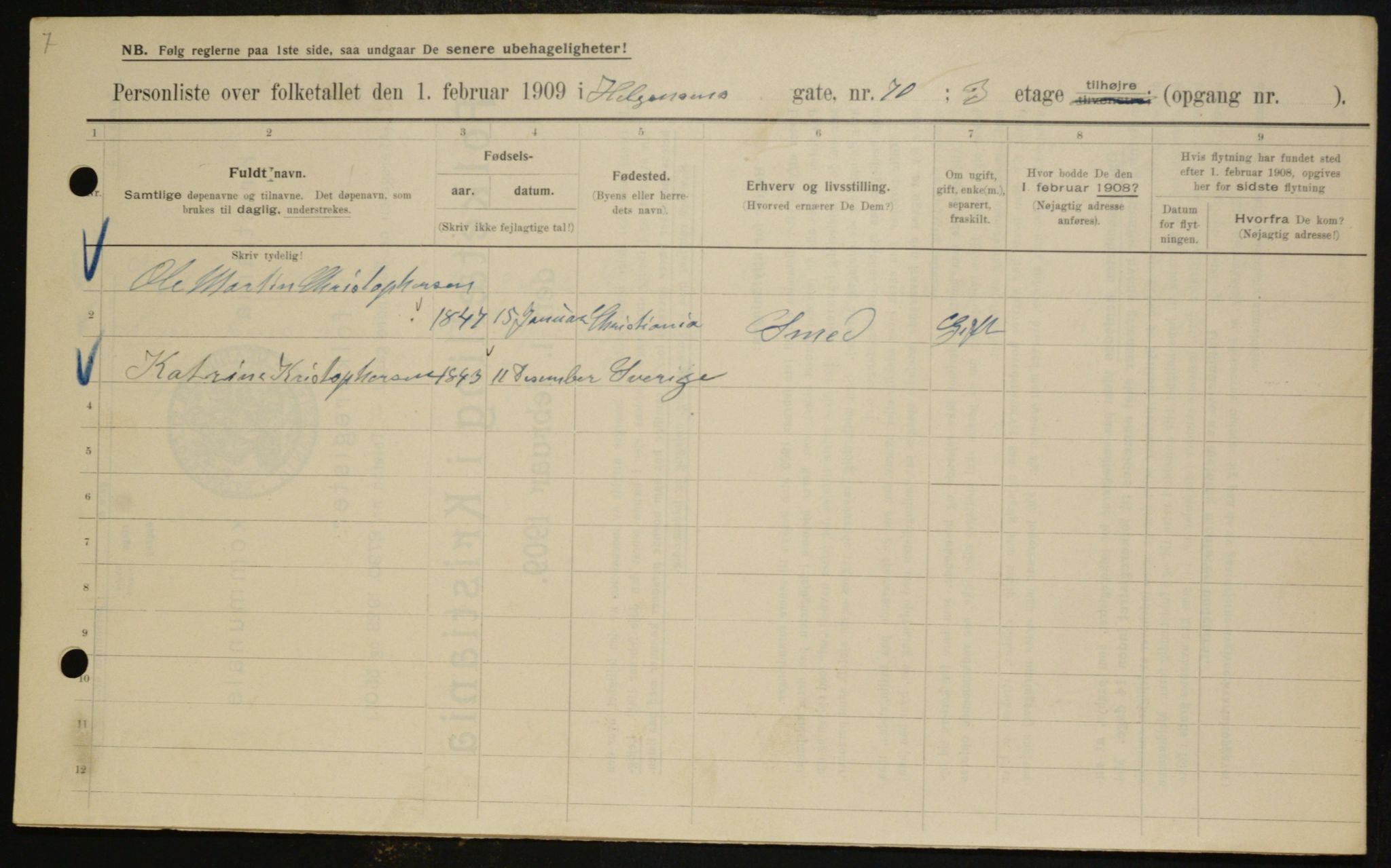 OBA, Municipal Census 1909 for Kristiania, 1909, p. 34909