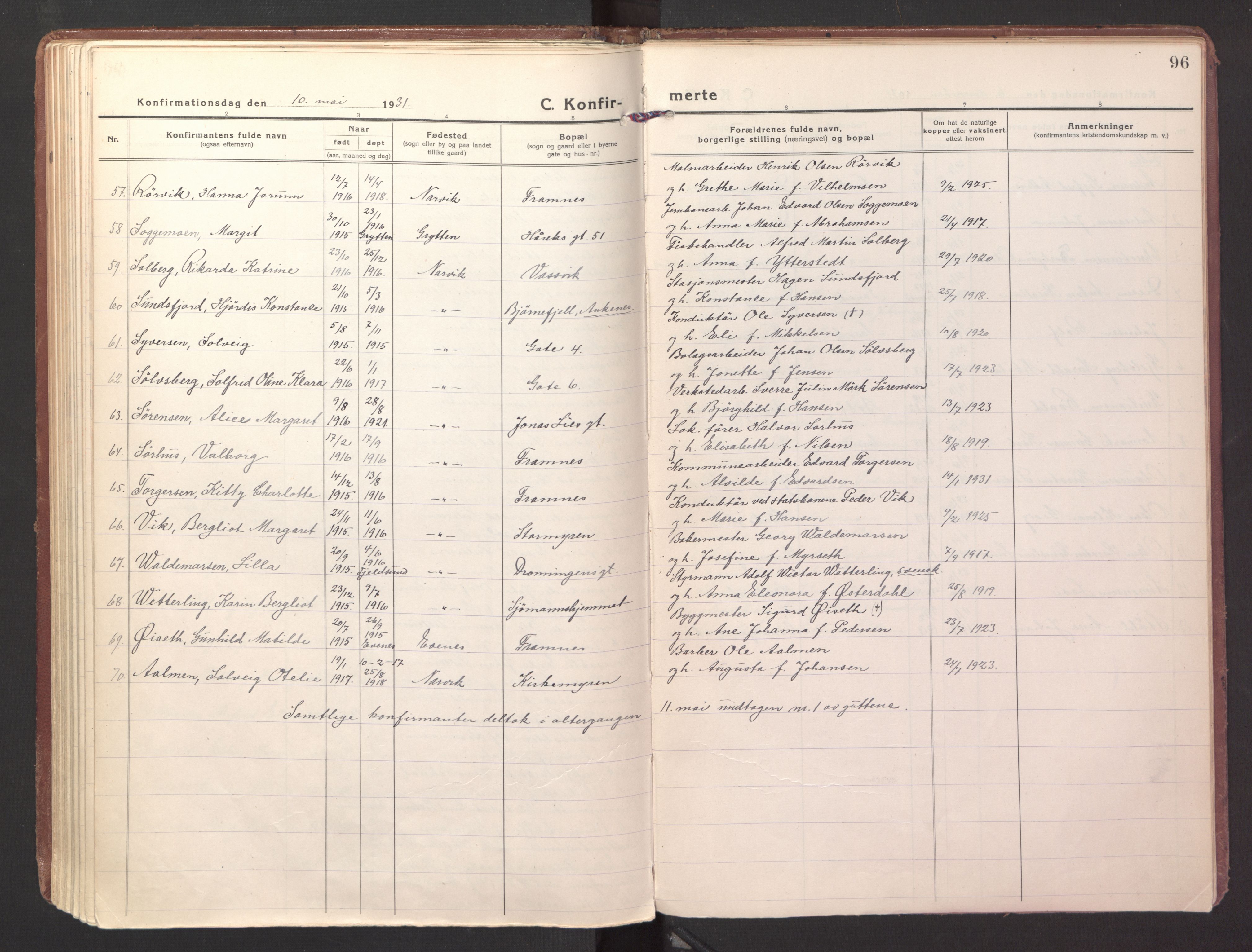 Ministerialprotokoller, klokkerbøker og fødselsregistre - Nordland, AV/SAT-A-1459/871/L1004: Parish register (official) no. 871A20, 1921-1932, p. 96