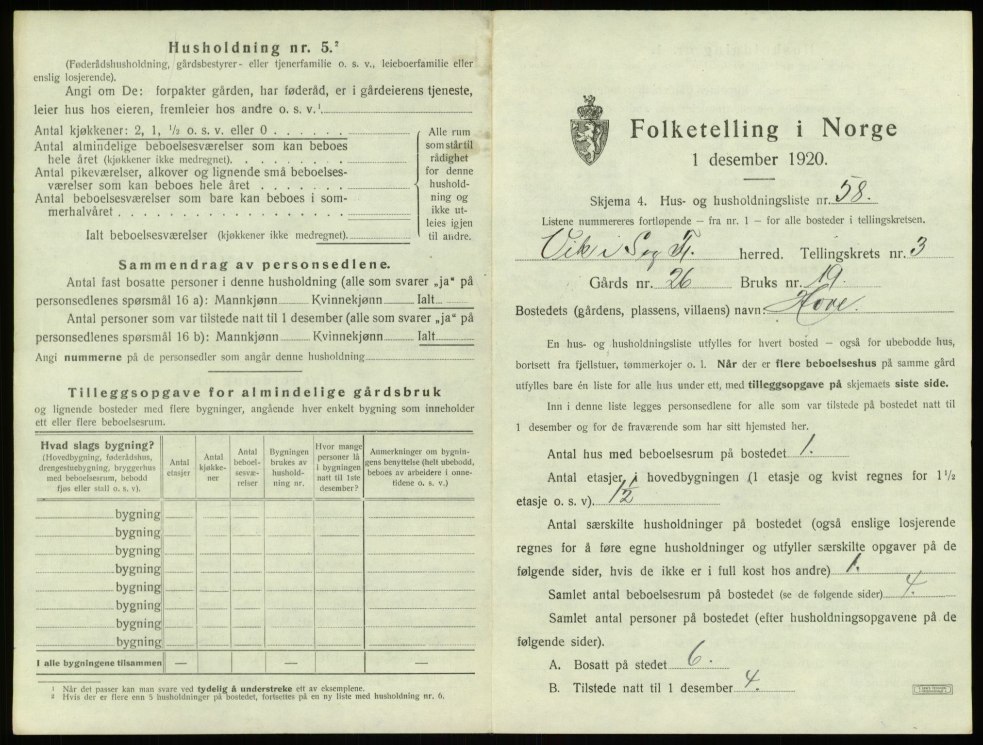 SAB, 1920 census for Vik, 1920, p. 483