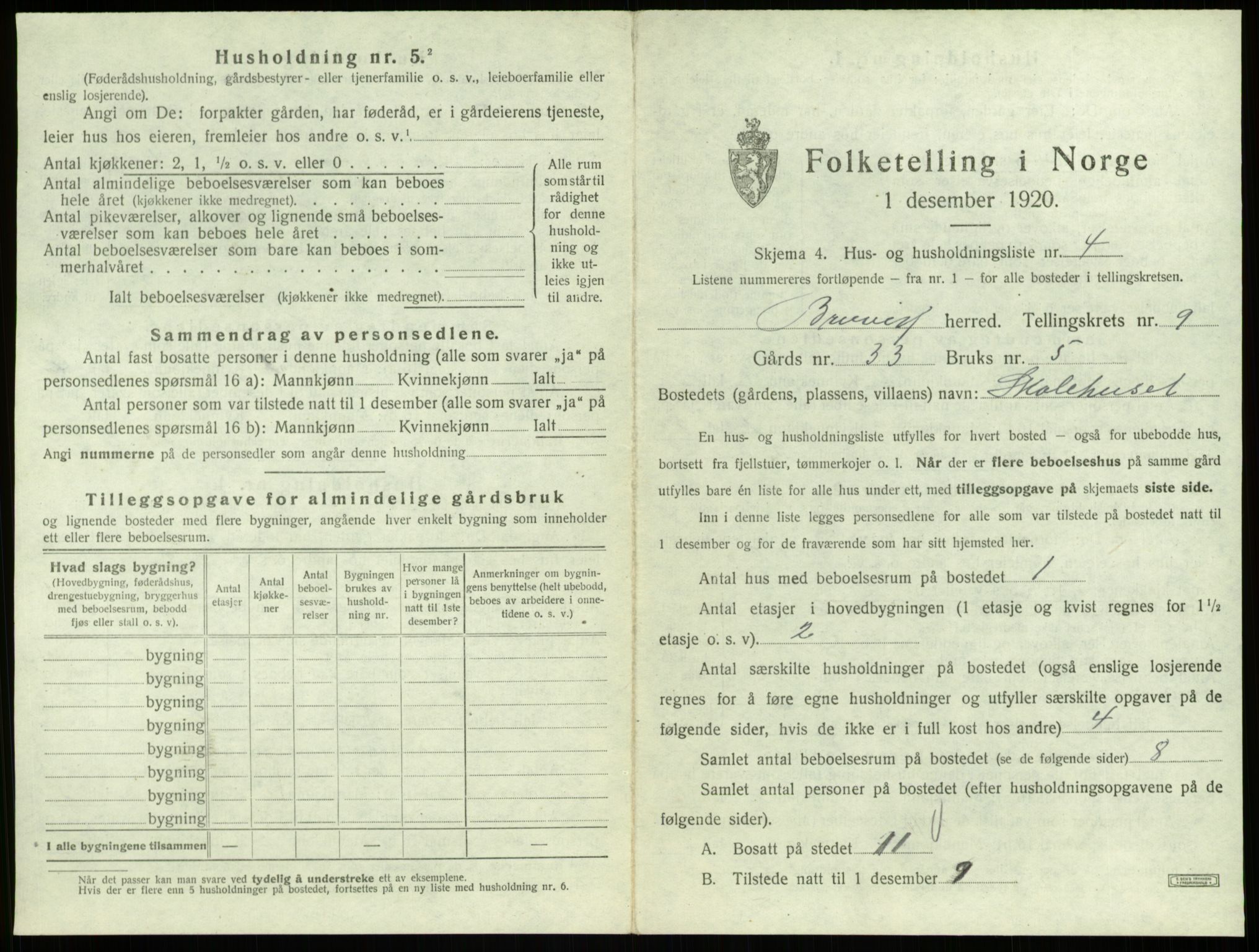 SAB, 1920 census for Bruvik, 1920, p. 607