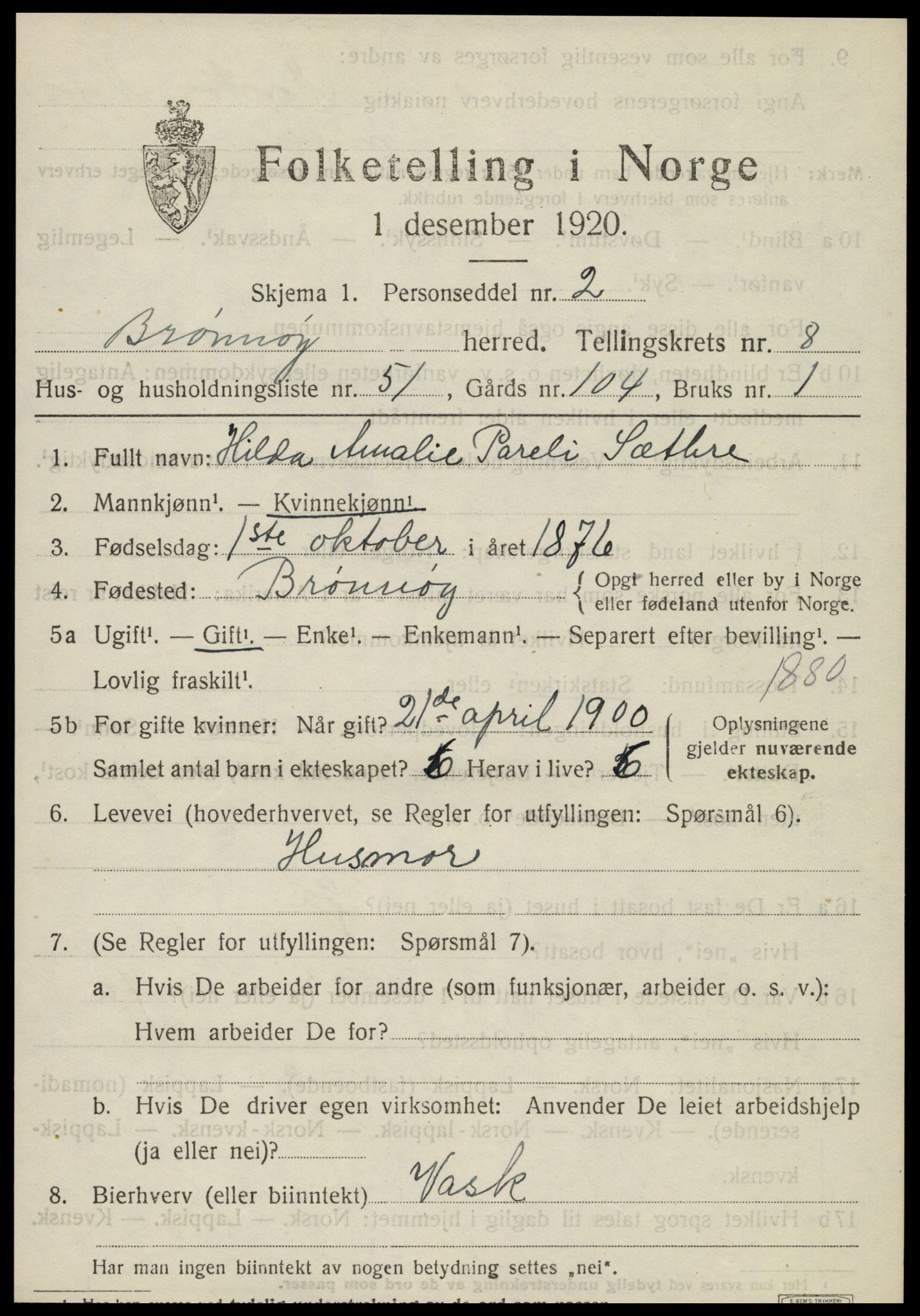 SAT, 1920 census for Brønnøy, 1920, p. 6610