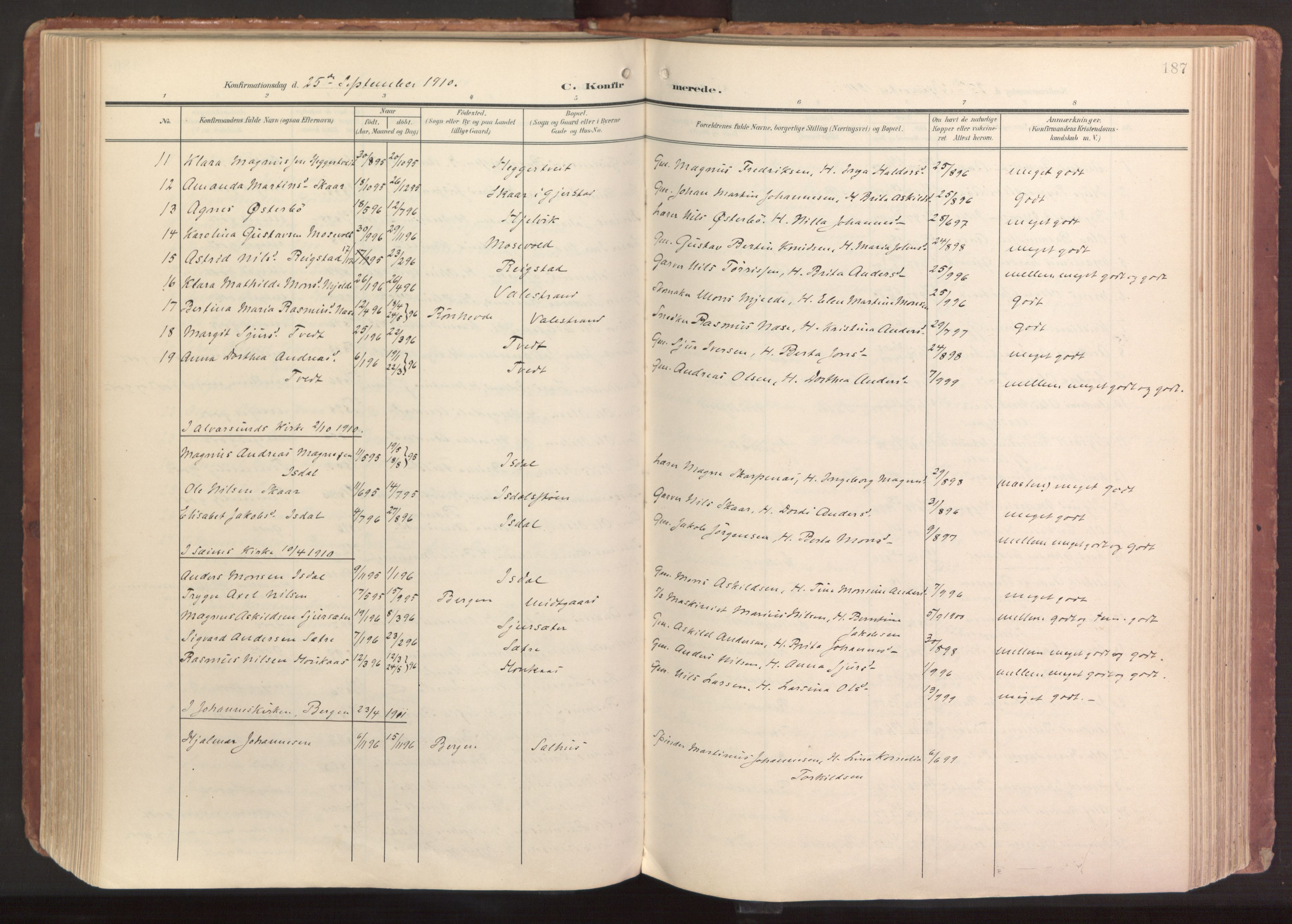 Hamre sokneprestembete, SAB/A-75501/H/Ha/Haa/Haab/L0002: Parish register (official) no. B 2, 1905-1924, p. 187