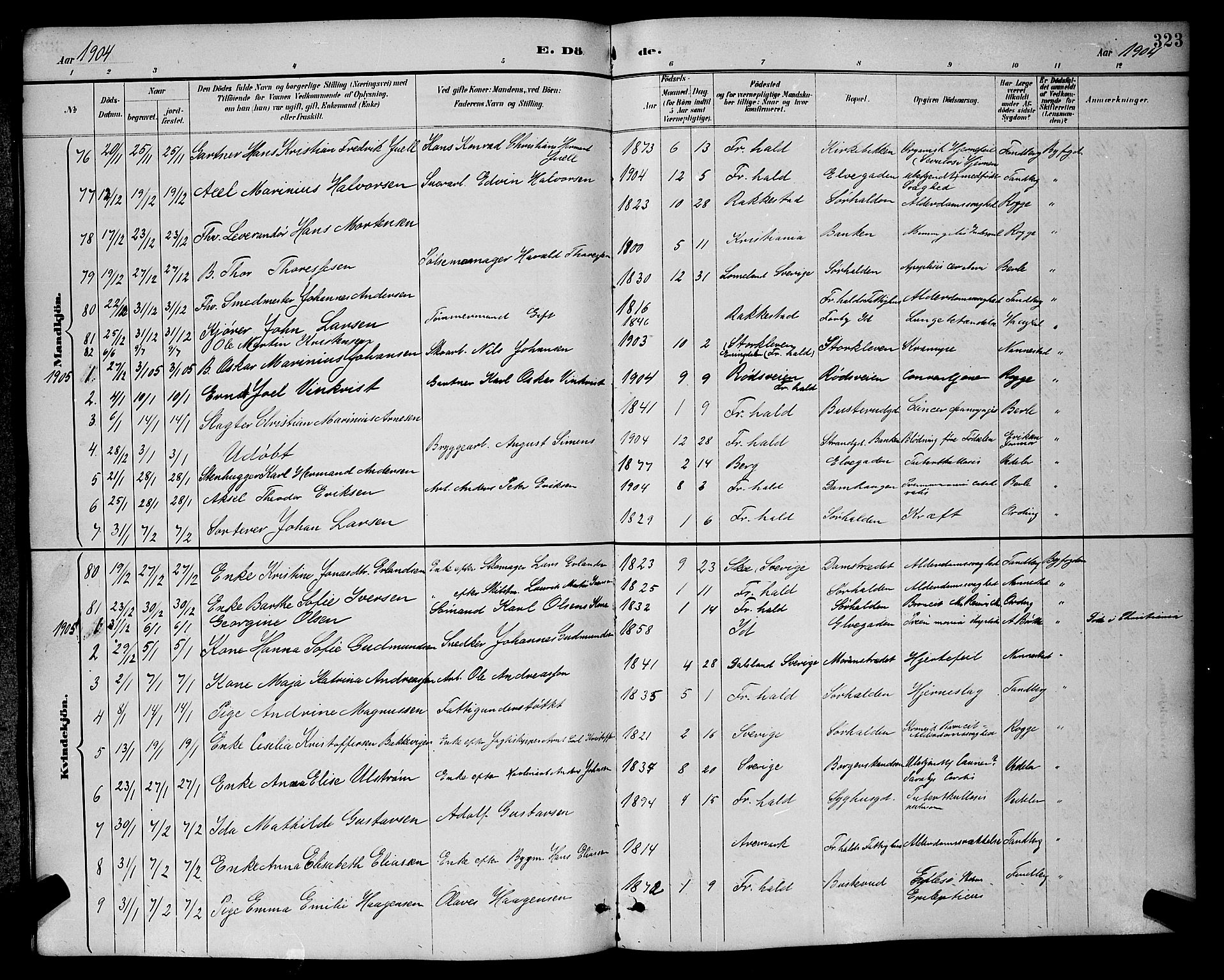 Halden prestekontor Kirkebøker, SAO/A-10909/G/Ga/L0009: Parish register (copy) no. 9, 1885-1908, p. 323