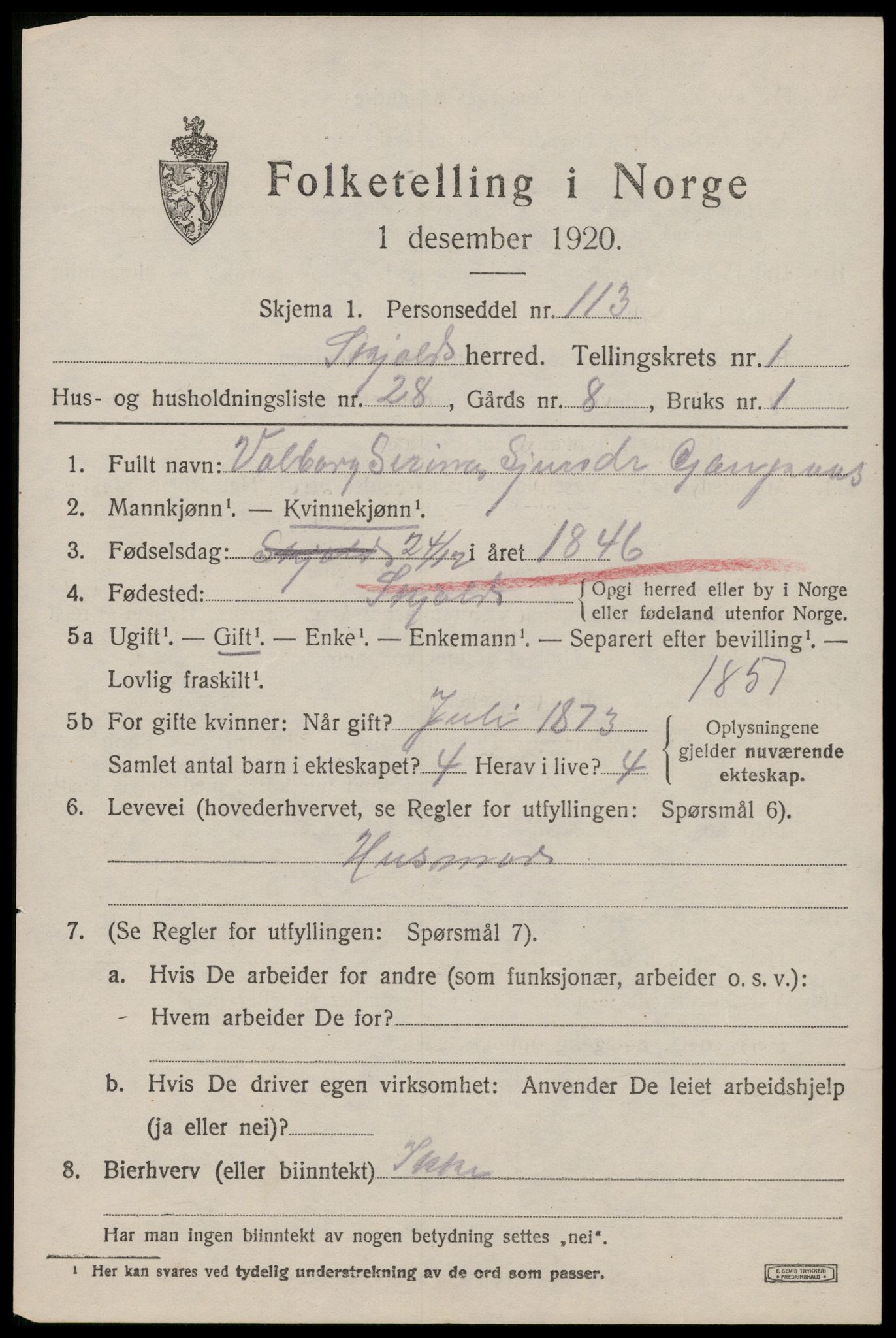 SAST, 1920 census for Skjold, 1920, p. 1132