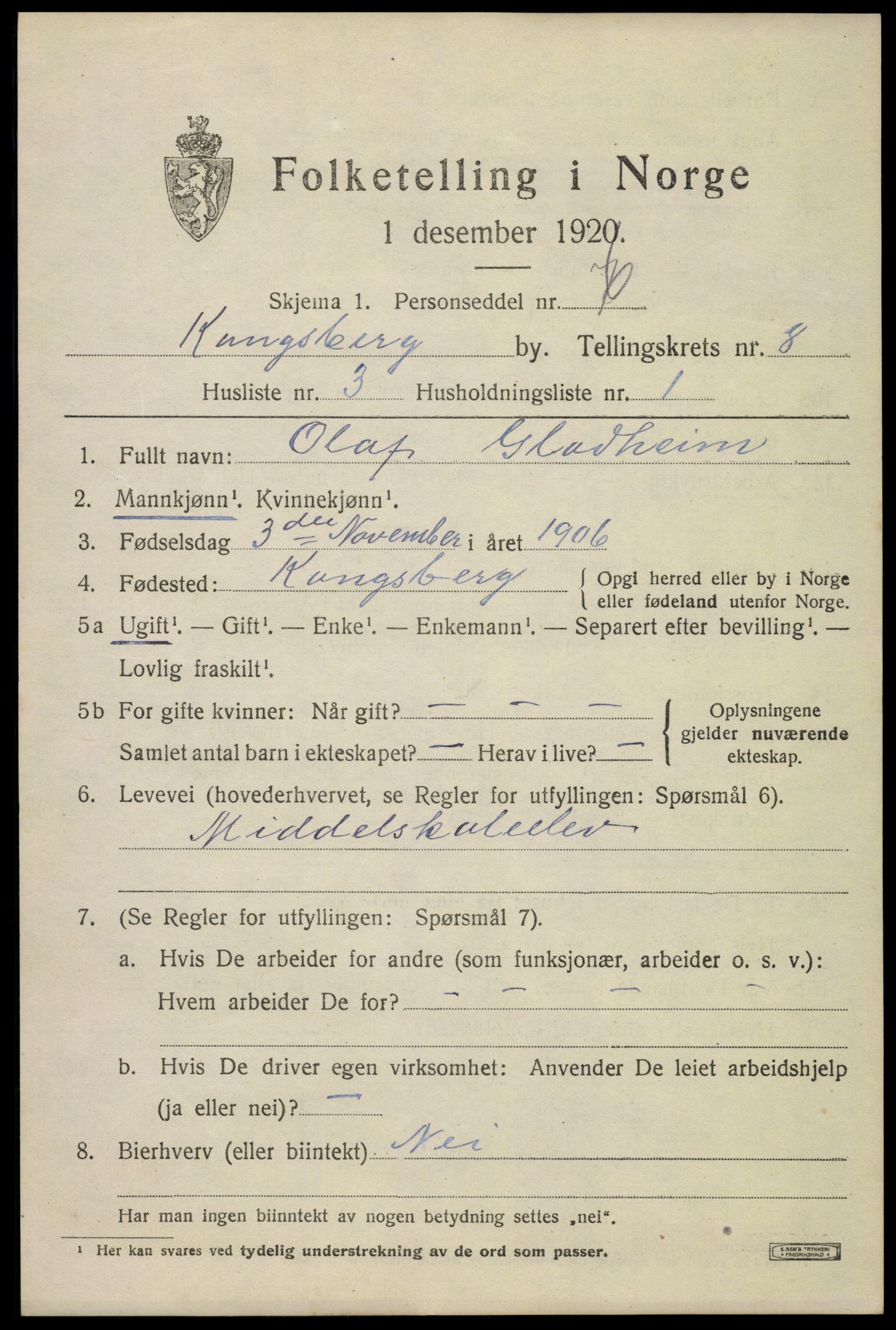 SAKO, 1920 census for Kongsberg, 1920, p. 15880