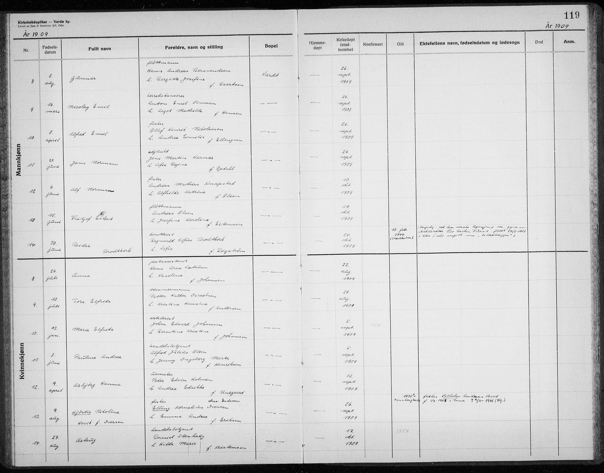 Vardø sokneprestkontor, AV/SATØ-S-1332/H/Hc/L0001kirkerekon: Other parish register no. 1, 1900-1914, p. 119