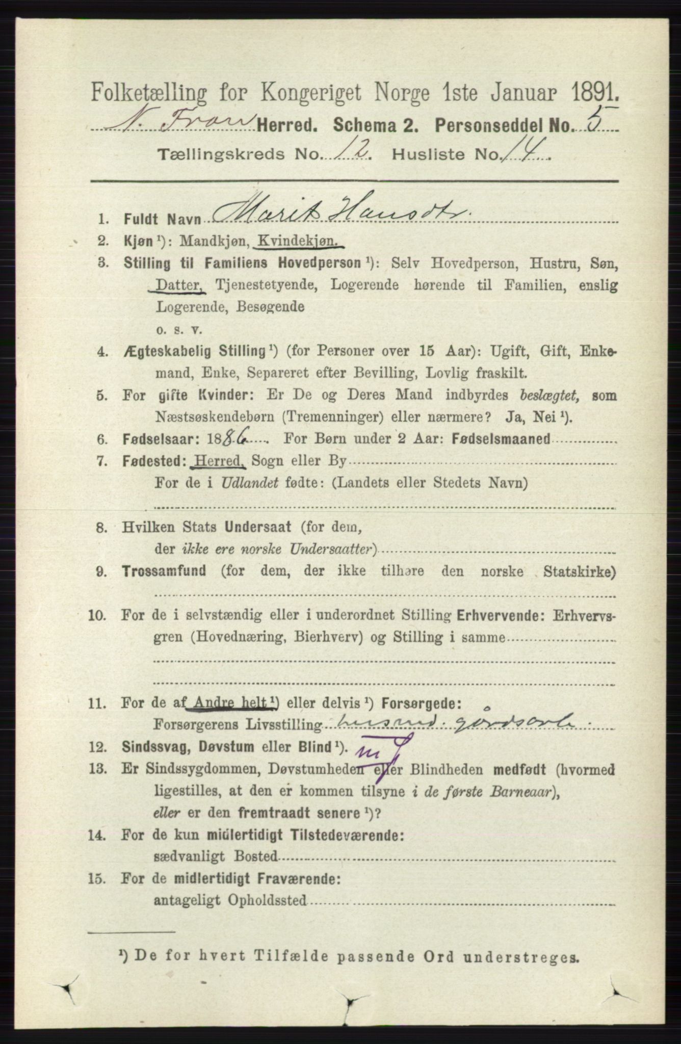 RA, 1891 census for 0518 Nord-Fron, 1891, p. 5175