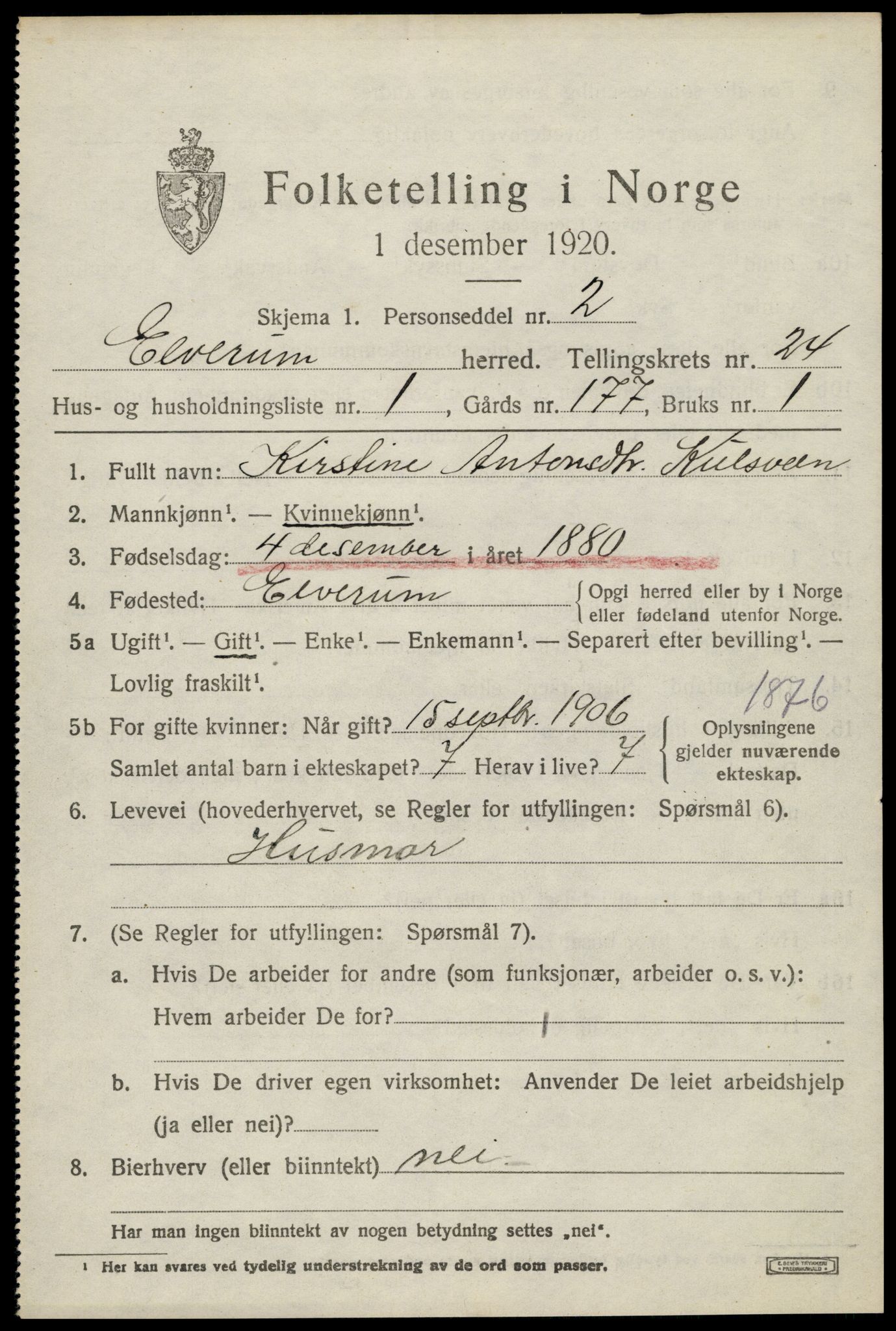 SAH, 1920 census for Elverum, 1920, p. 25512