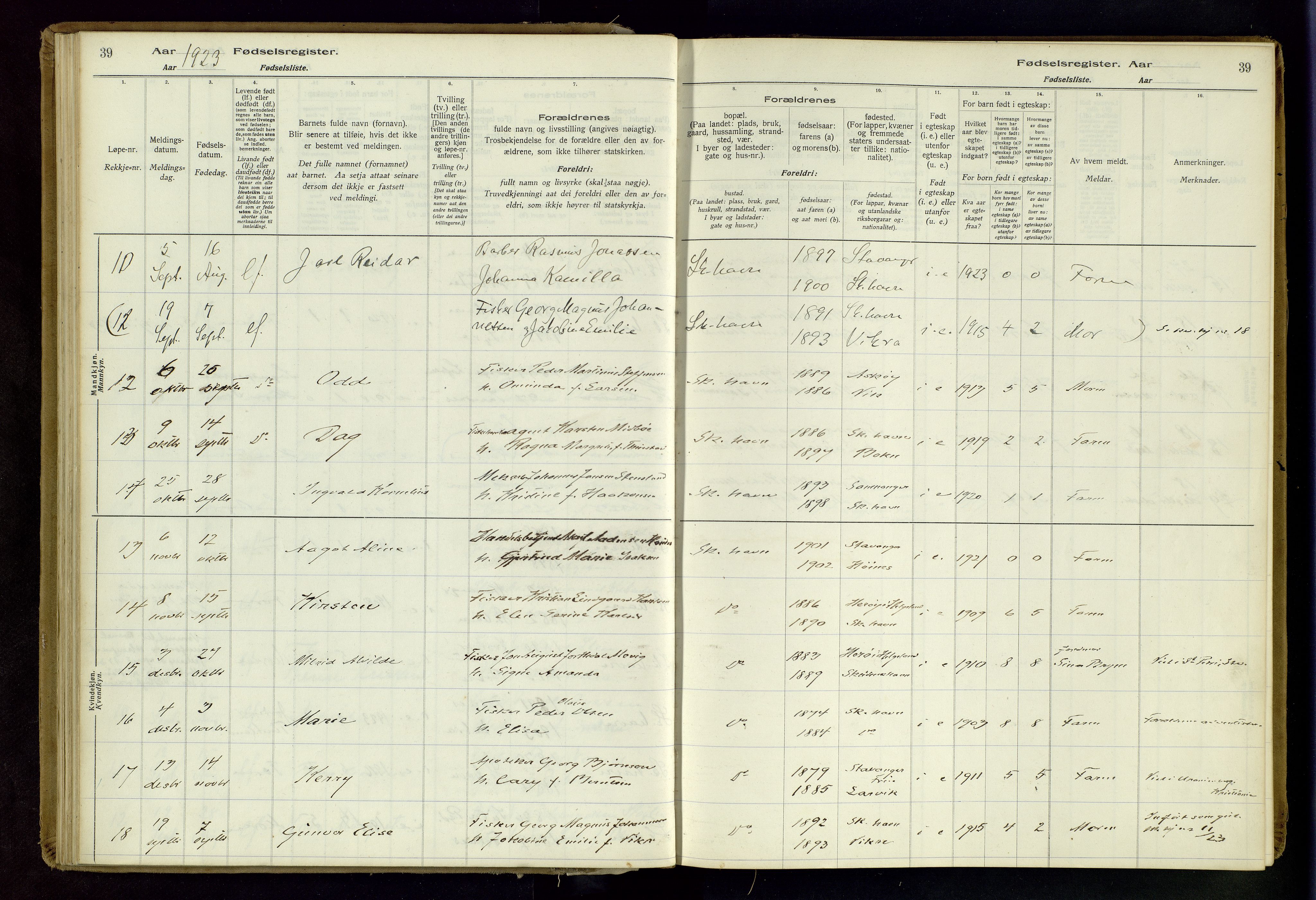 Skudenes sokneprestkontor, AV/SAST-A -101849/I/Id/L0003: Birth register no. 3, 1916-1964, p. 39