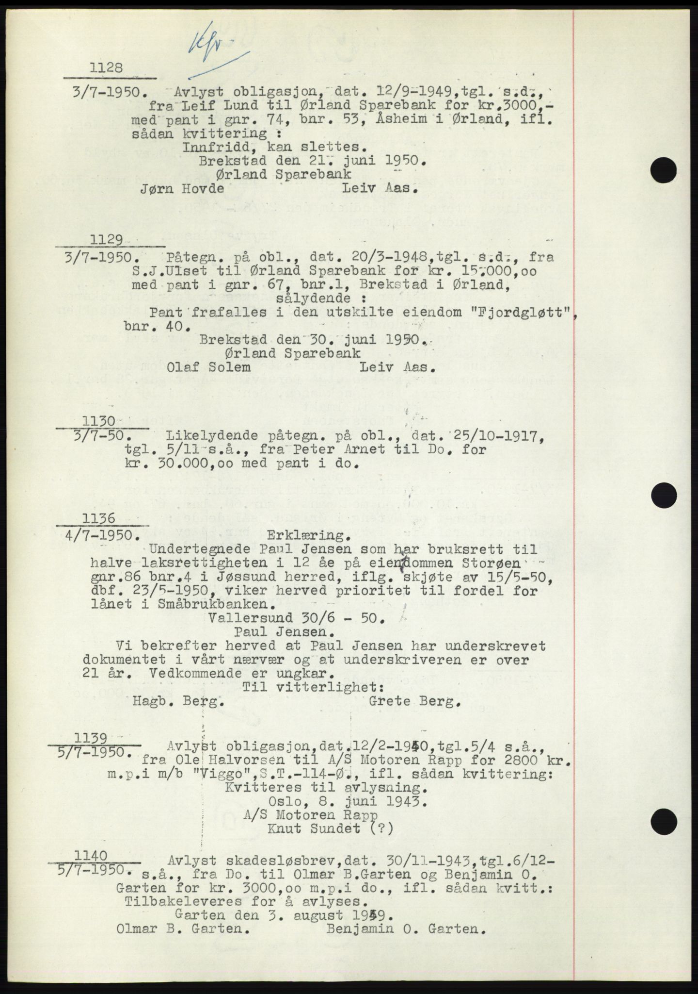Fosen sorenskriveri, AV/SAT-A-1107/1/2/2C: Mortgage book no. B3, 1948-1950, Diary no: : 1128/1950