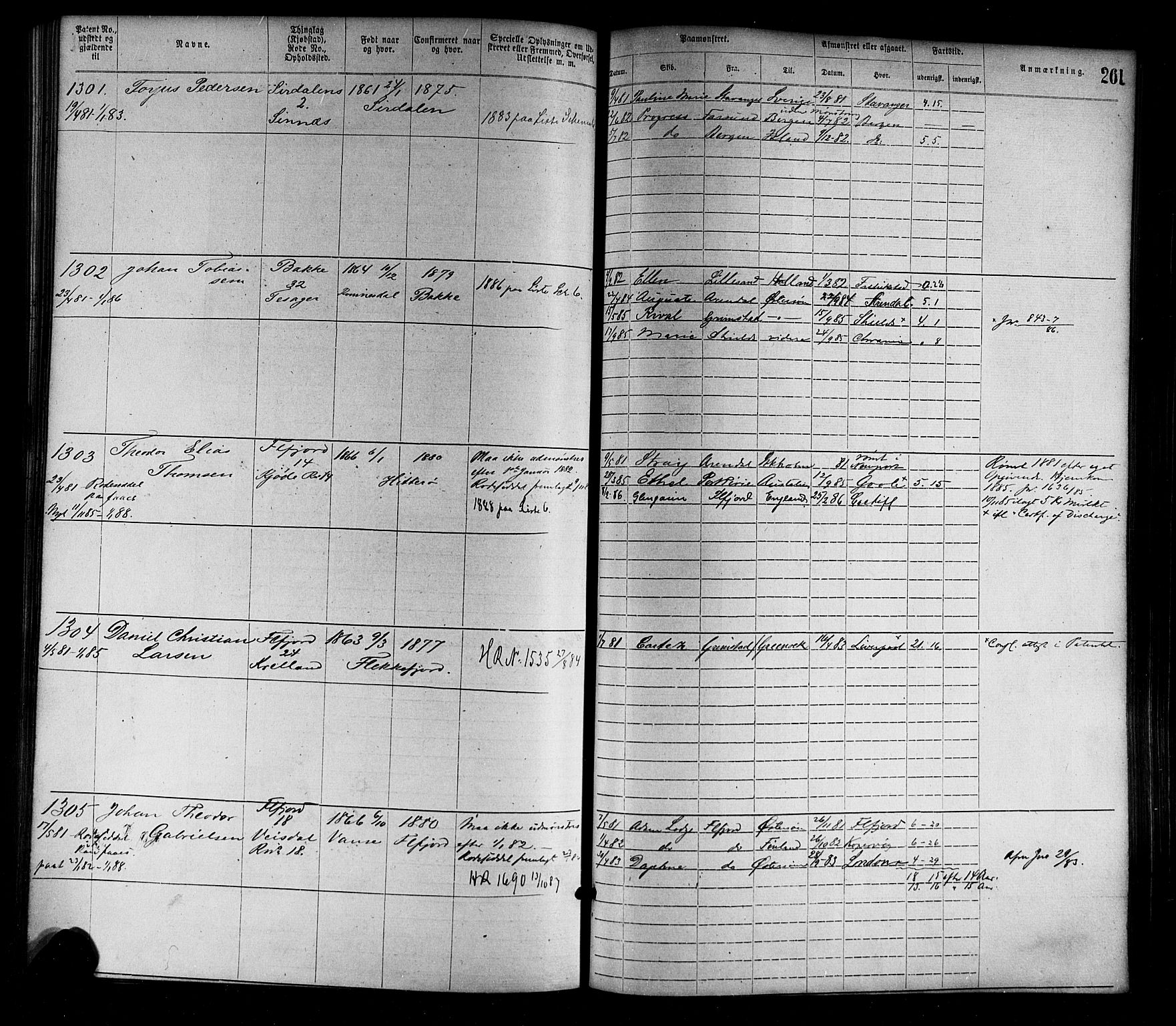 Flekkefjord mønstringskrets, SAK/2031-0018/F/Fa/L0002: Annotasjonsrulle nr 1-1920 med register, N-2, 1870-1891, p. 289