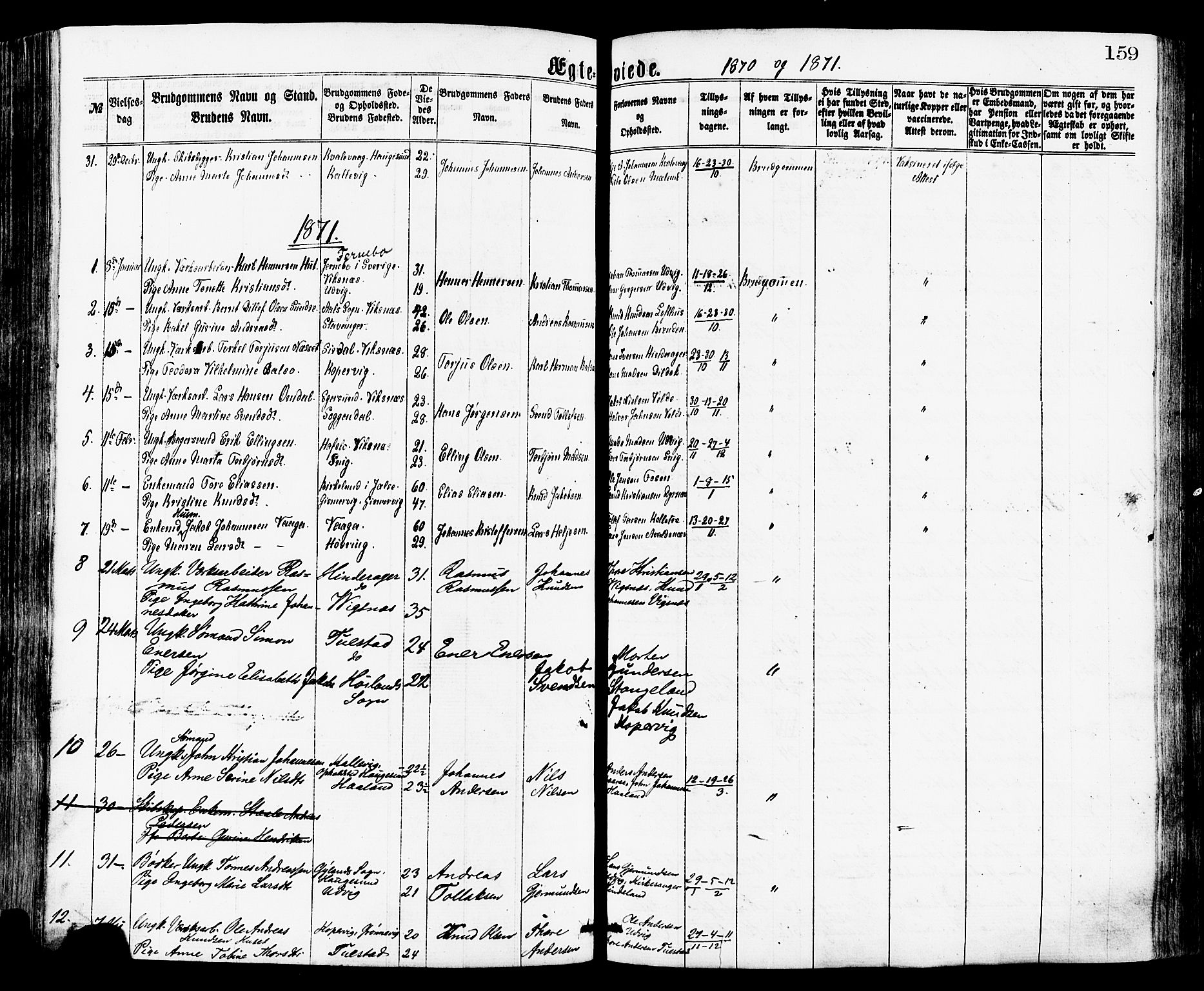 Avaldsnes sokneprestkontor, AV/SAST-A -101851/H/Ha/Haa/L0012: Parish register (official) no. A 12, 1865-1880, p. 159