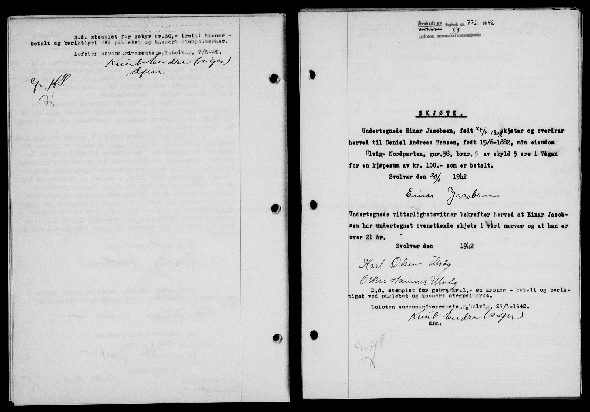 Lofoten sorenskriveri, SAT/A-0017/1/2/2C/L0009a: Mortgage book no. 9a, 1941-1942, Diary no: : 772/1942