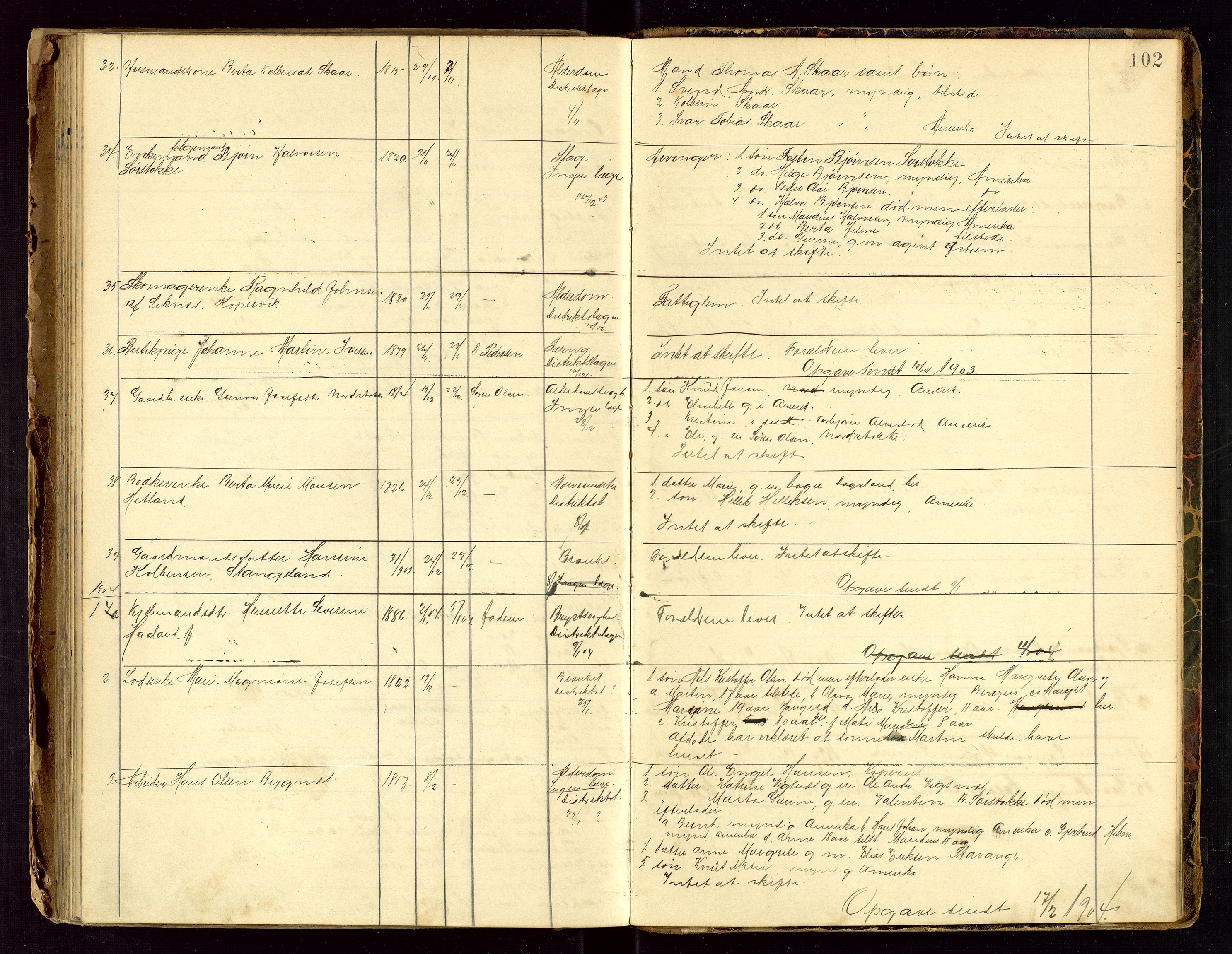 Avaldsnes lensmannskontor, SAST/A-100286/Gga/L0001: "Dødslistene Avaldsnæs Prtgd  2 - 87  Kopervig Sogn  38 - 120", 1897-1916, p. 102