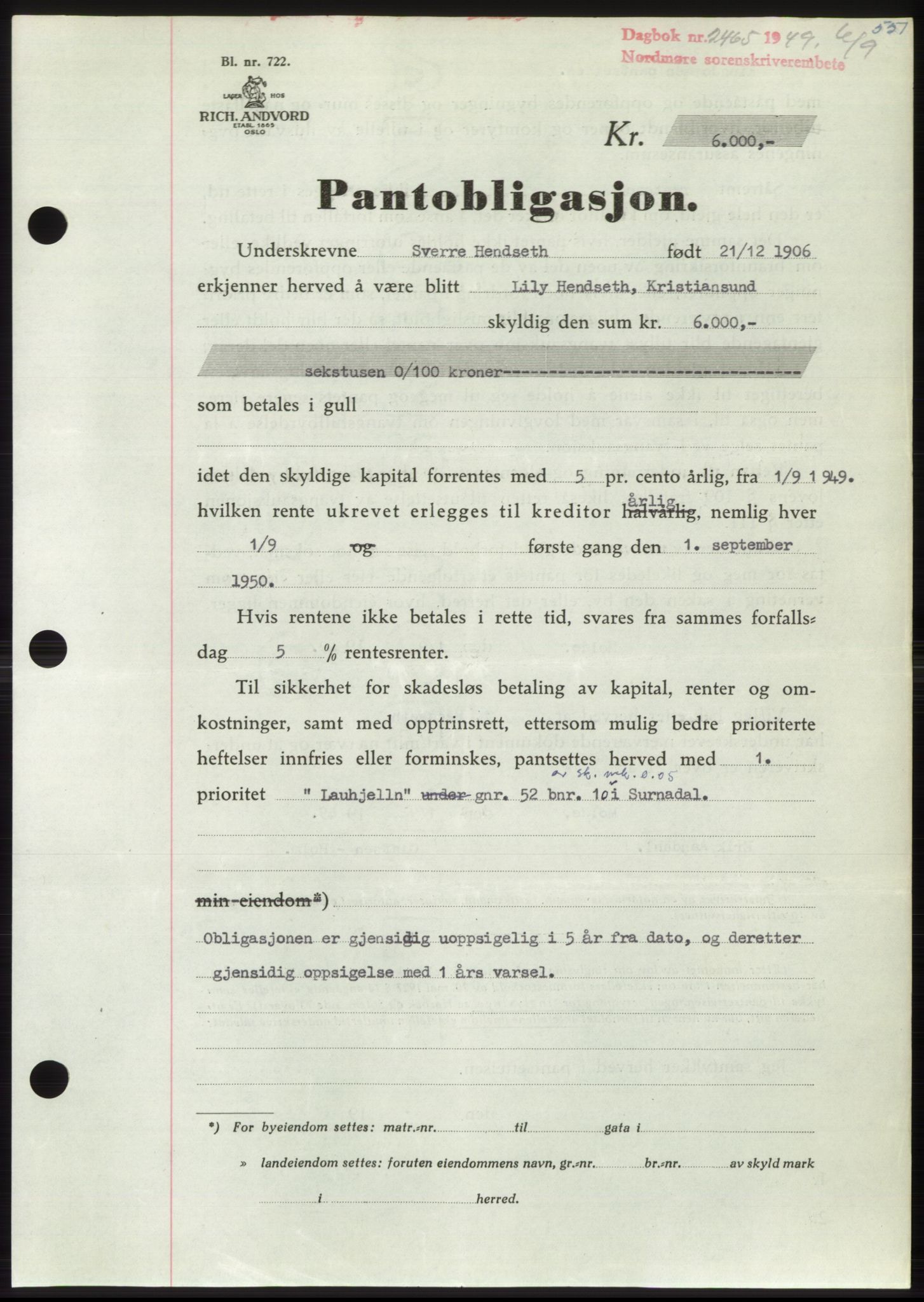 Nordmøre sorenskriveri, AV/SAT-A-4132/1/2/2Ca: Mortgage book no. B102, 1949-1949, Diary no: : 2465/1949