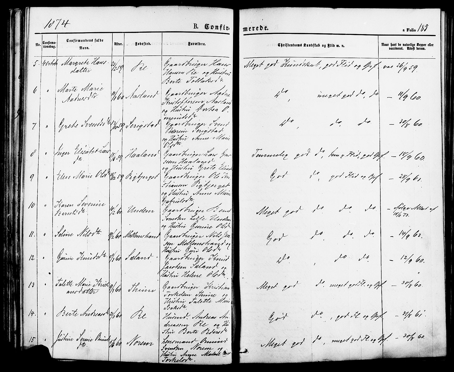 Lye sokneprestkontor, AV/SAST-A-101794/001/30BA/L0008: Parish register (official) no. A 7, 1872-1881, p. 185