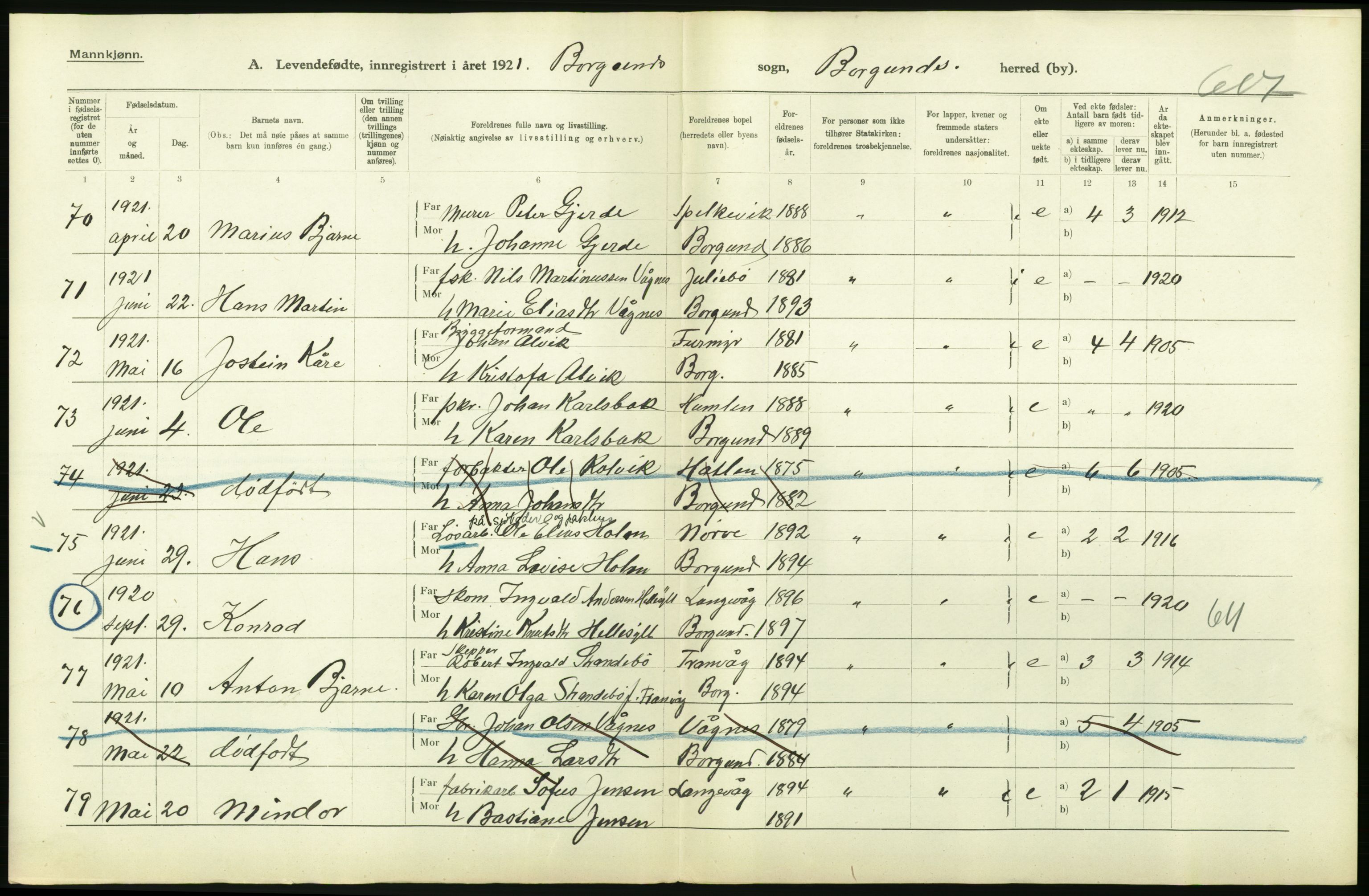 Statistisk sentralbyrå, Sosiodemografiske emner, Befolkning, AV/RA-S-2228/D/Df/Dfc/Dfca/L0040: Møre fylke: Levendefødte menn og kvinner. Bygder., 1921, p. 134