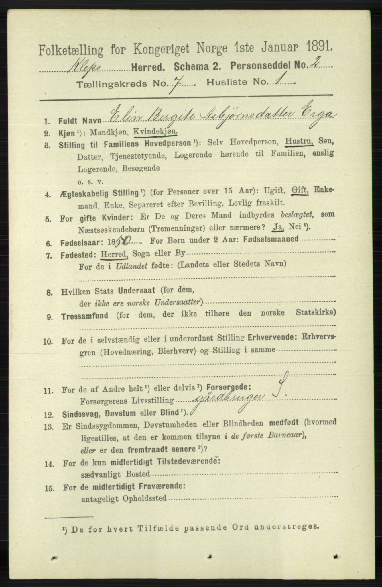 RA, 1891 census for 1120 Klepp, 1891, p. 2110