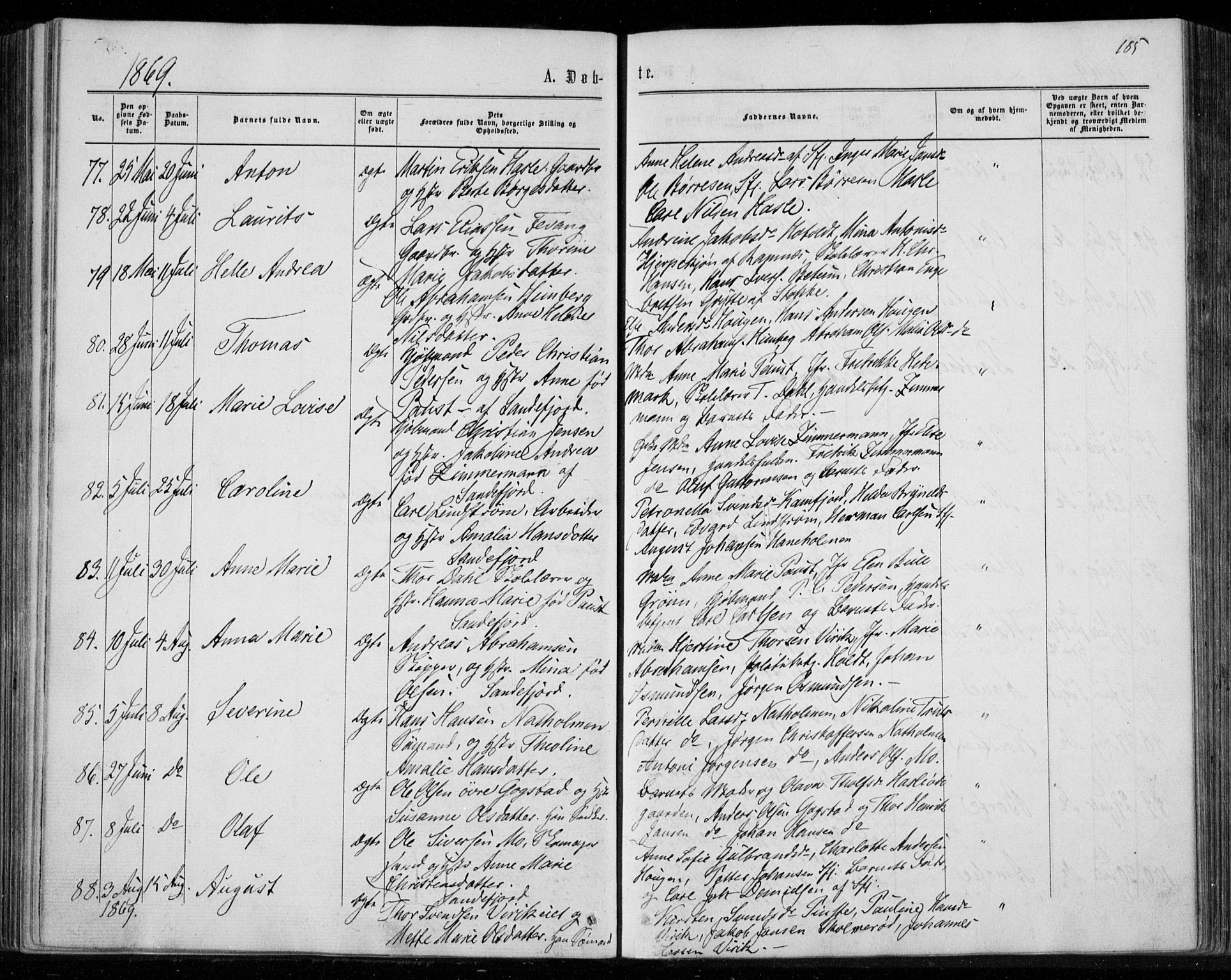 Sandar kirkebøker, SAKO/A-243/F/Fa/L0008: Parish register (official) no. 8, 1862-1871, p. 185