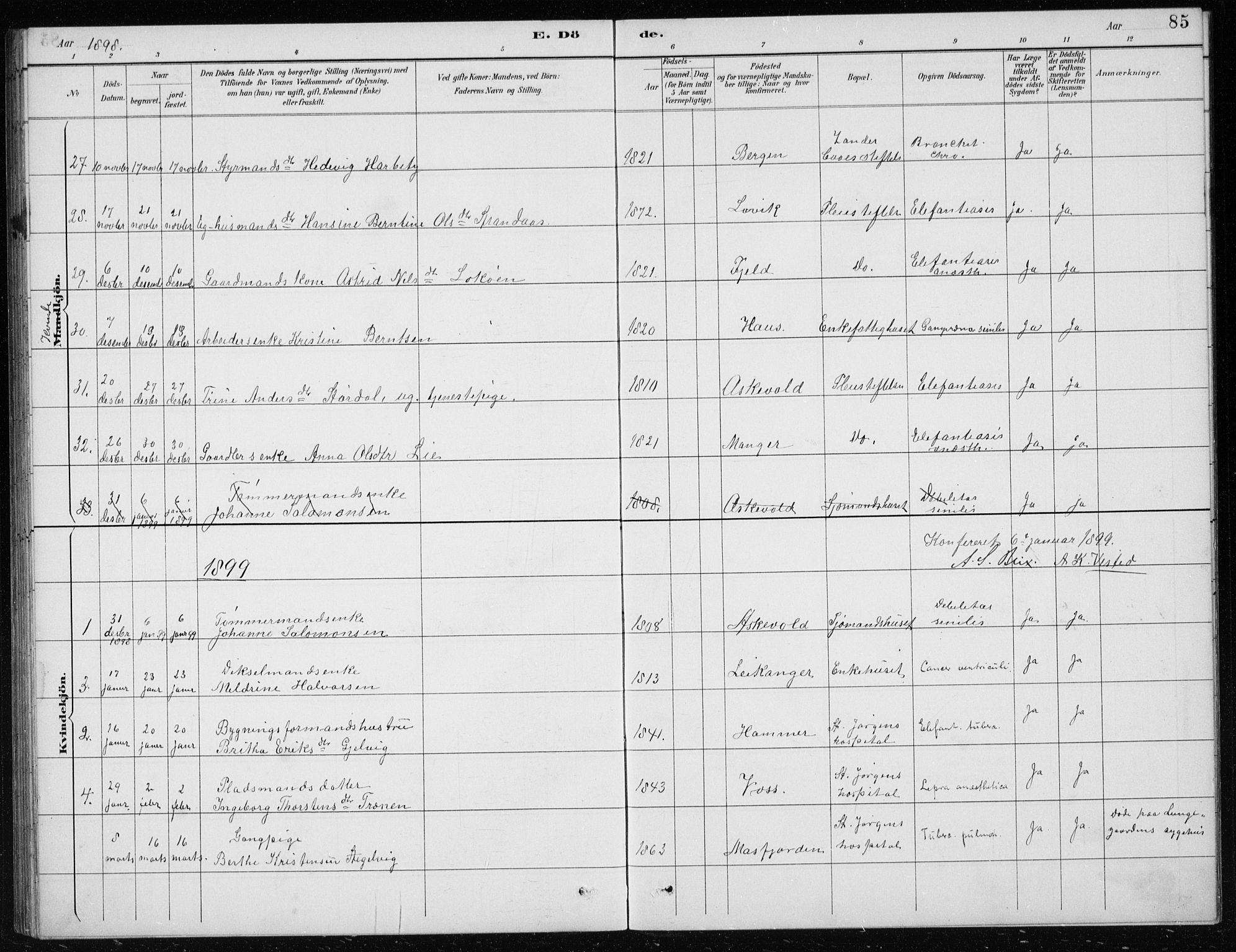 St. Jørgens hospital og Årstad sokneprestembete, AV/SAB-A-99934: Parish register (copy) no. A 10, 1886-1910, p. 85