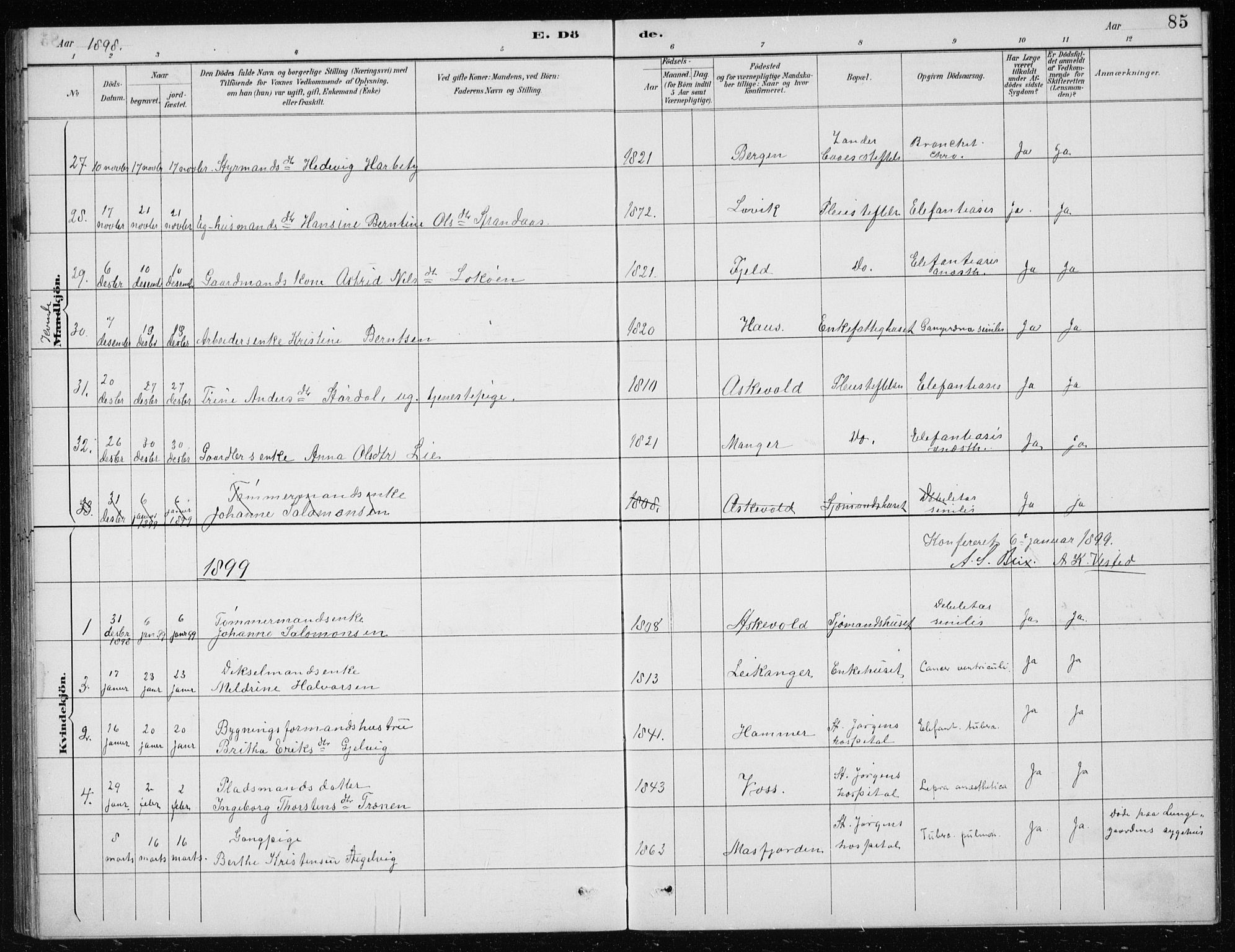 St. Jørgens hospital og Årstad sokneprestembete, SAB/A-99934: Parish register (copy) no. A 10, 1886-1910, p. 85