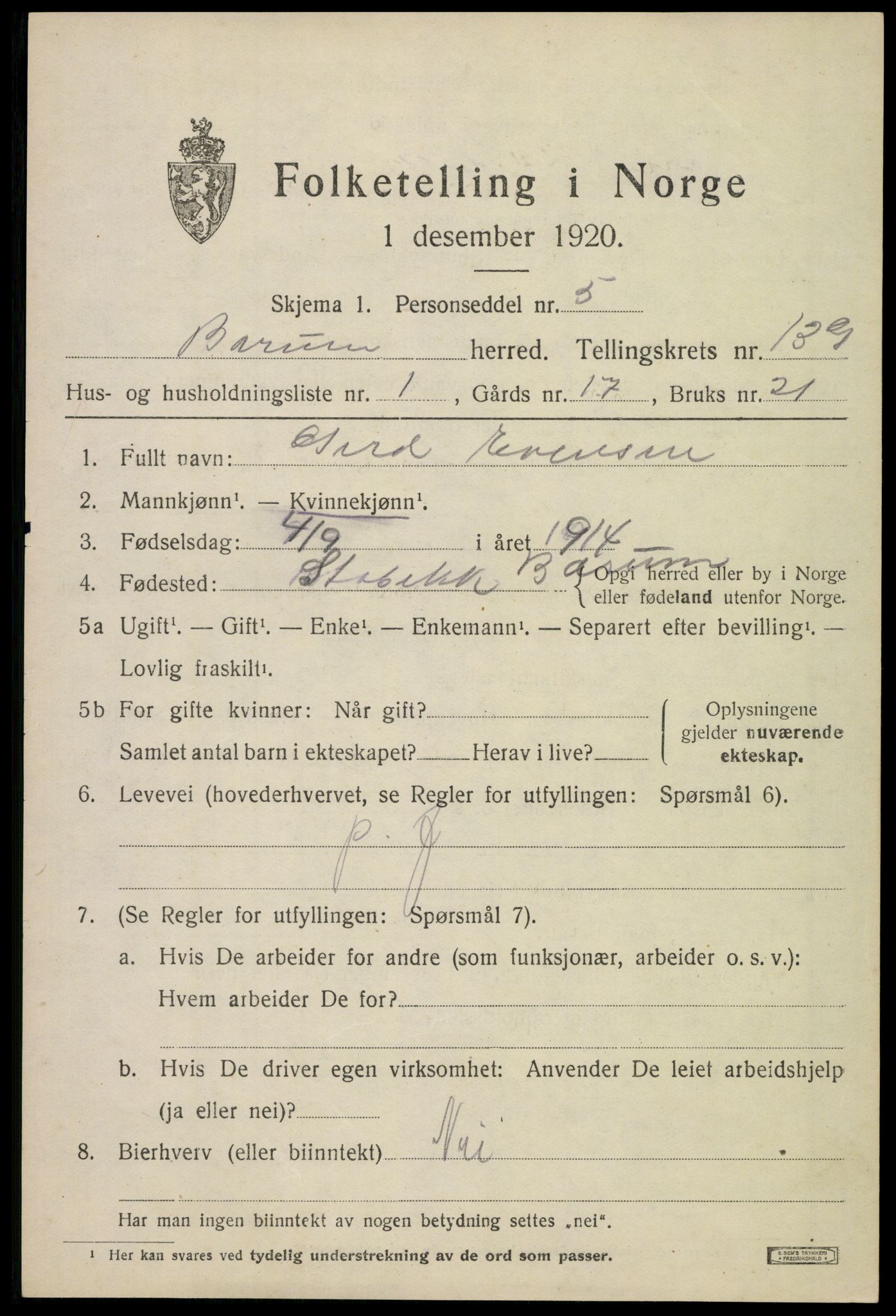 SAO, 1920 census for Bærum, 1920, p. 39938