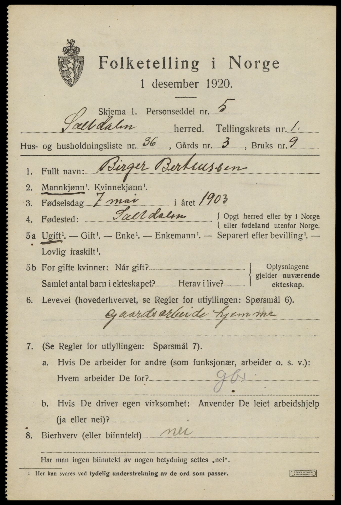 SAT, 1920 census for Saltdal, 1920, p. 1721