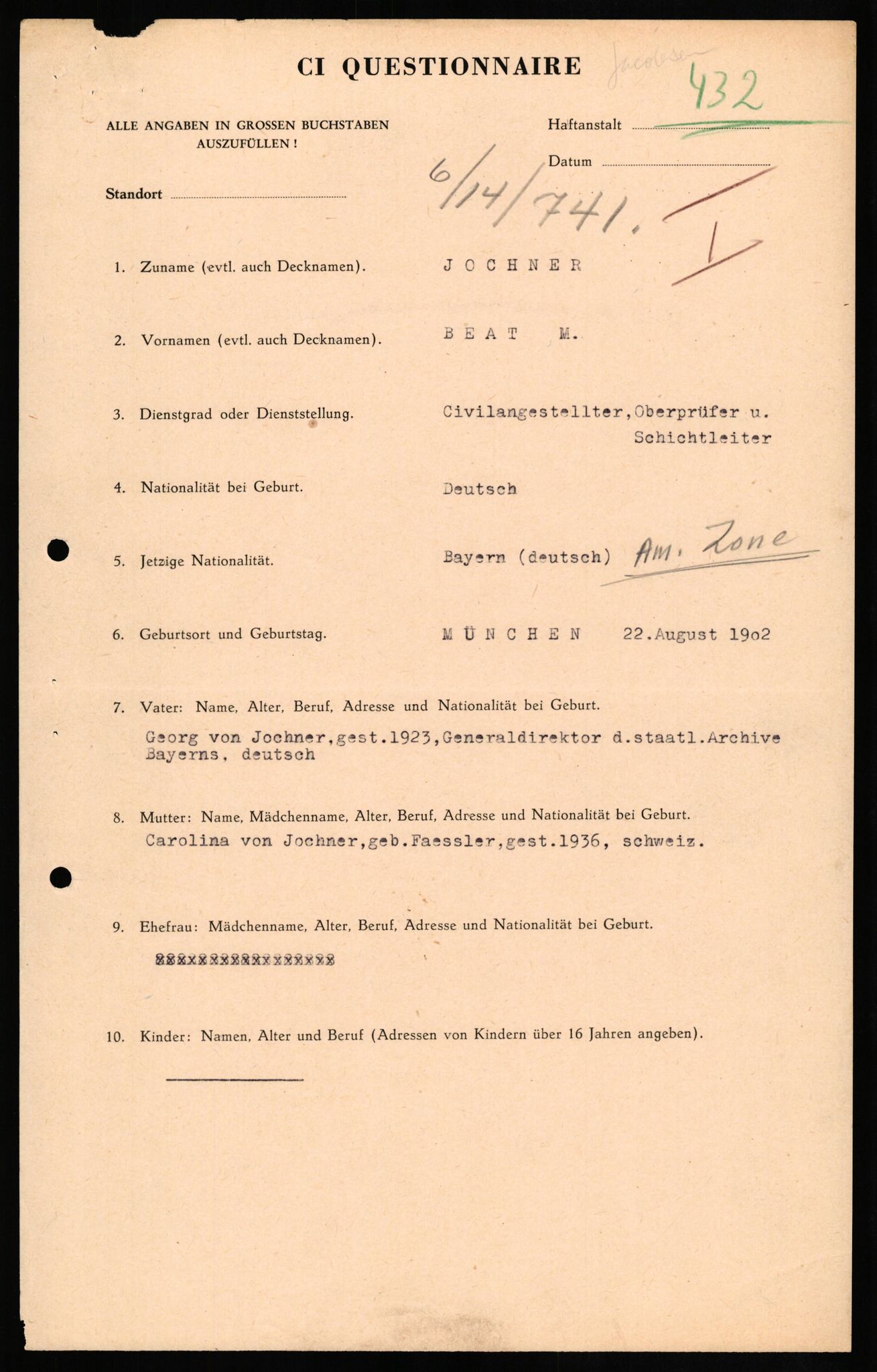 Forsvaret, Forsvarets overkommando II, AV/RA-RAFA-3915/D/Db/L0015: CI Questionaires. Tyske okkupasjonsstyrker i Norge. Tyskere., 1945-1946, p. 81