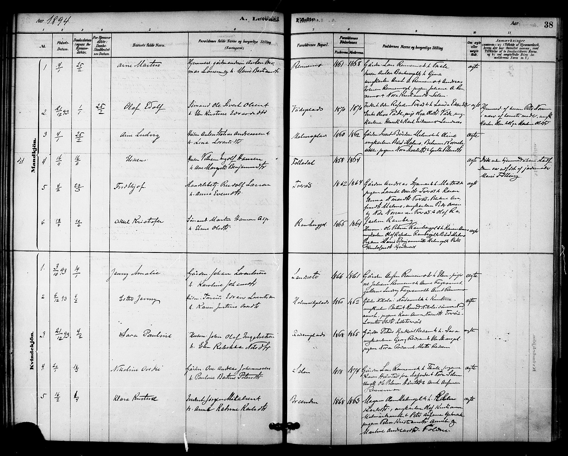 Ministerialprotokoller, klokkerbøker og fødselsregistre - Nord-Trøndelag, AV/SAT-A-1458/745/L0429: Parish register (official) no. 745A01, 1878-1894, p. 38