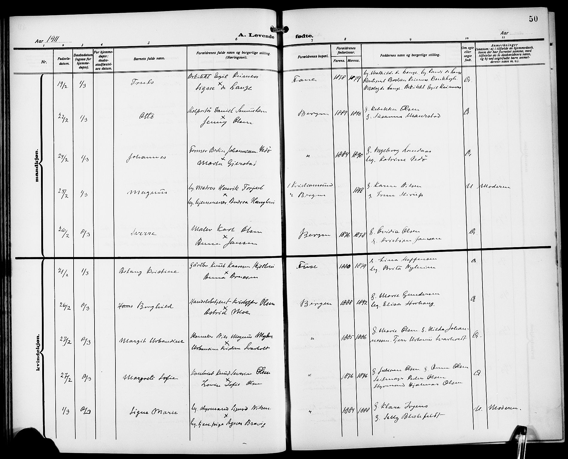 Fødselsstiftelsens sokneprestembete*, SAB/-: Parish register (copy) no. A 2, 1909-1916, p. 50