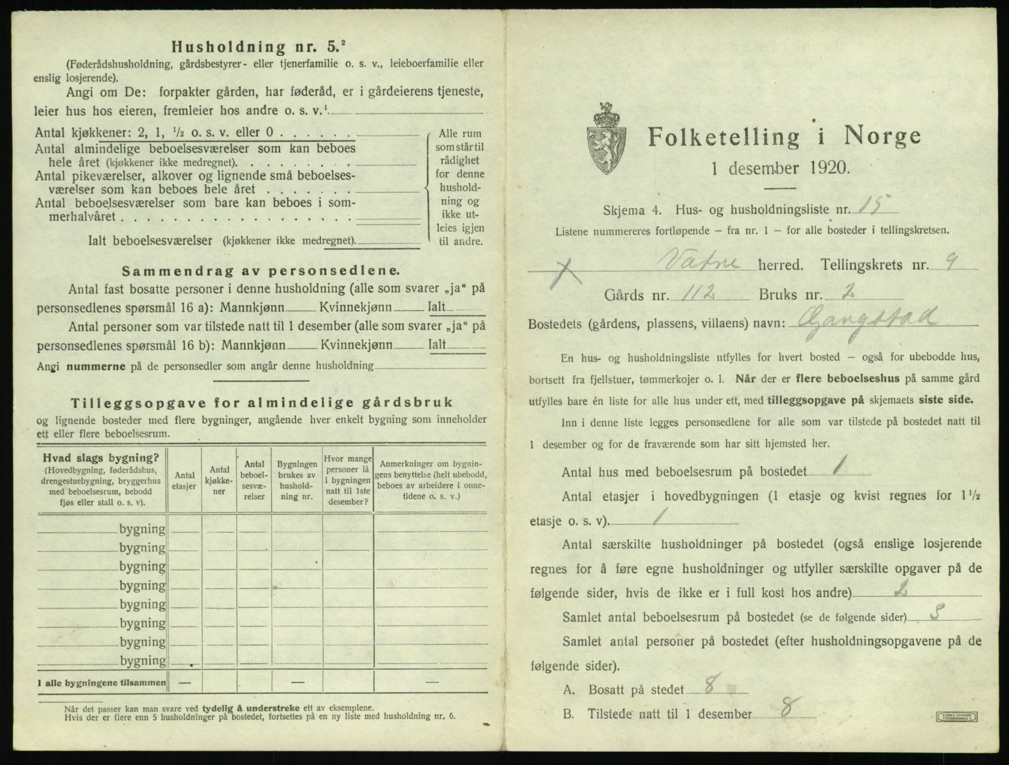 SAT, 1920 census for Vatne, 1920, p. 532