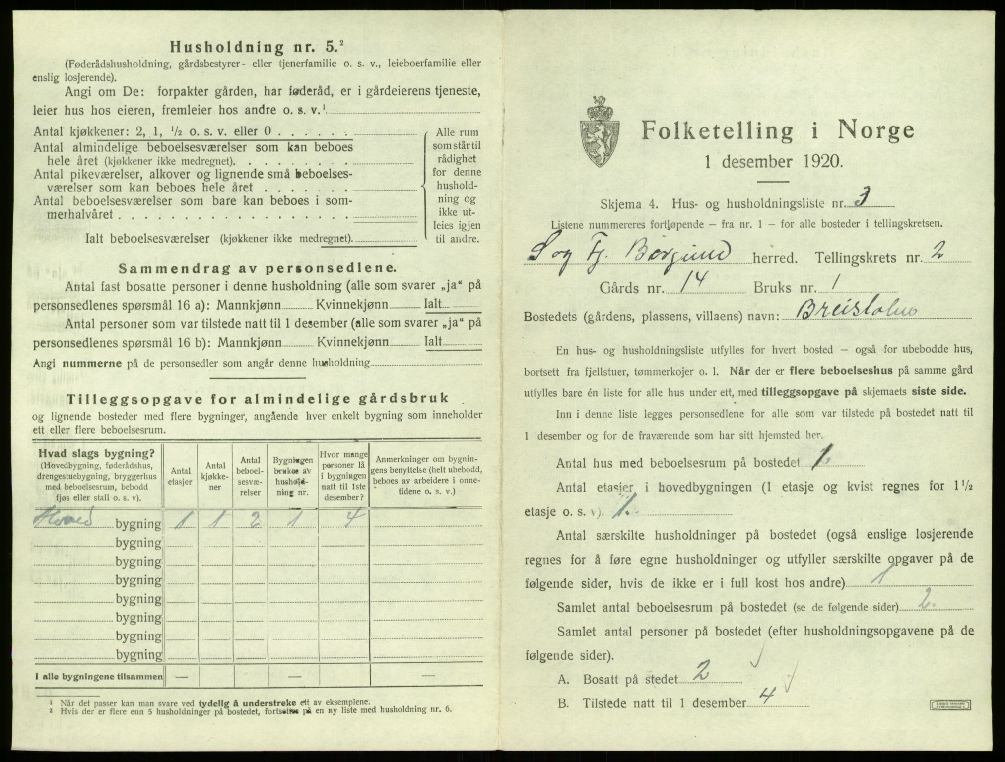 SAB, 1920 census for Borgund, 1920, p. 95