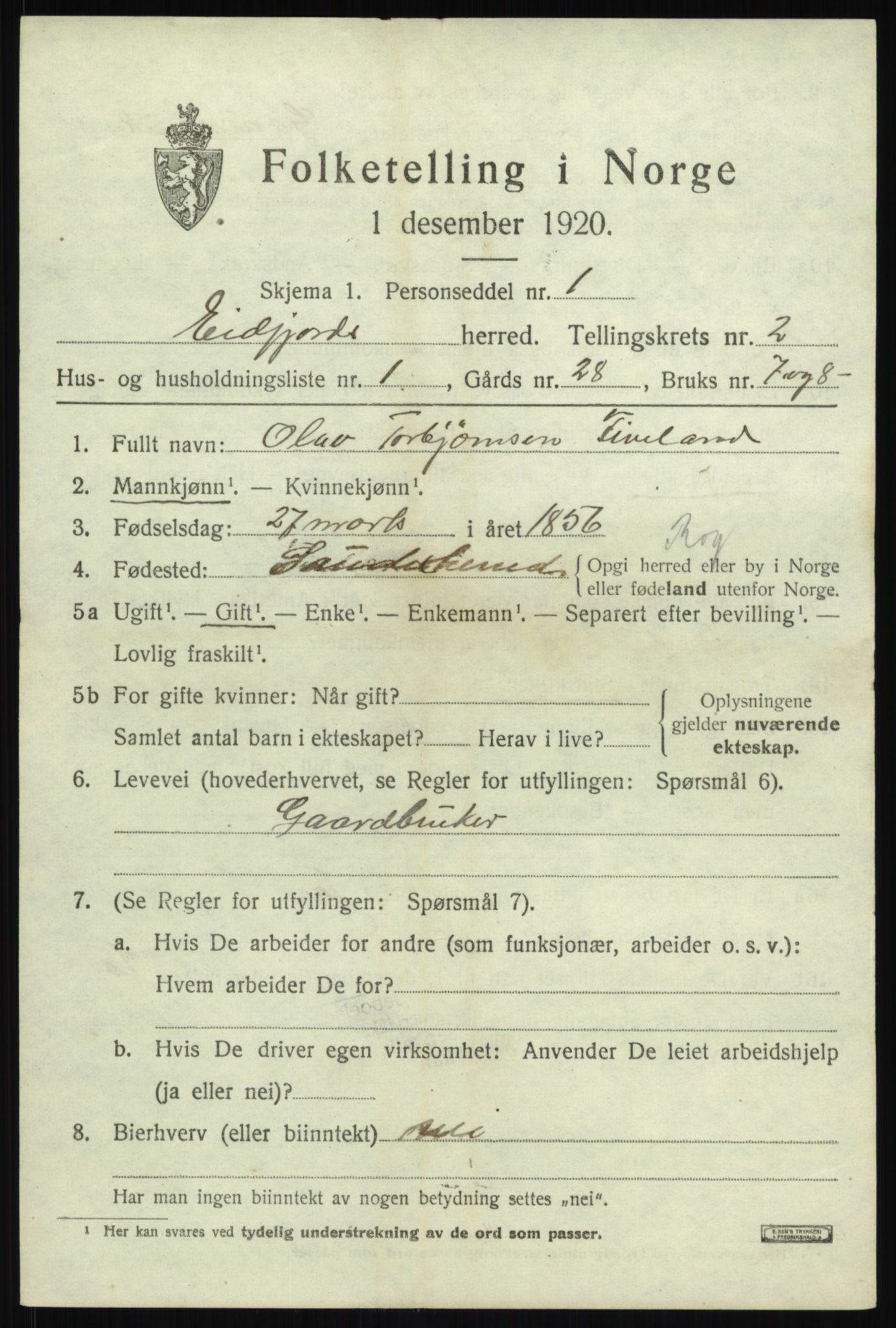 SAB, 1920 census for Eidfjord, 1920, p. 740